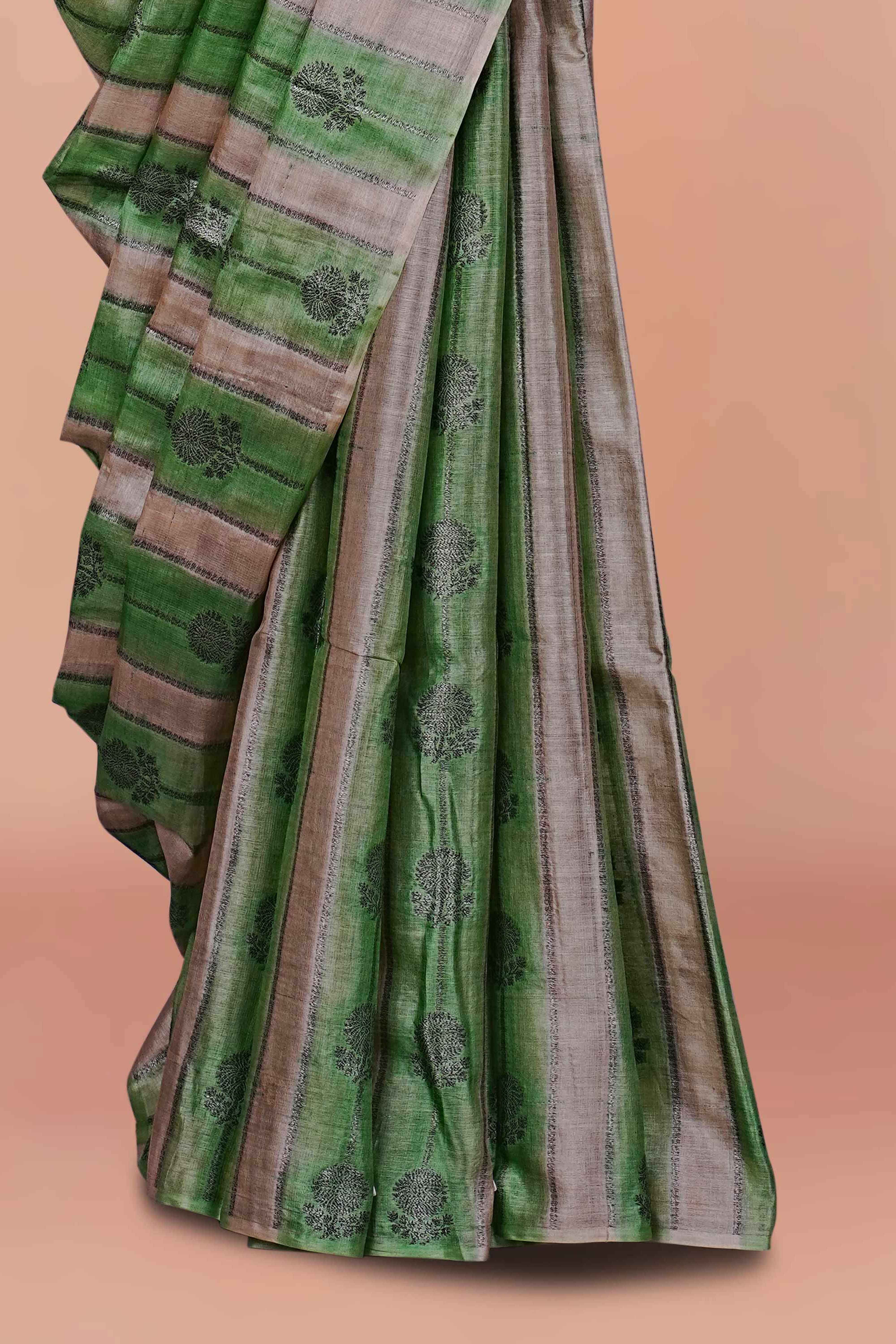 Exquisite Pure Tussar Silk Saree in Fresh Green with Silver Zari Stripes, Intricate Self-Colour Floral Butta Motifs, and Elegant Traditional Drape - Image 3
