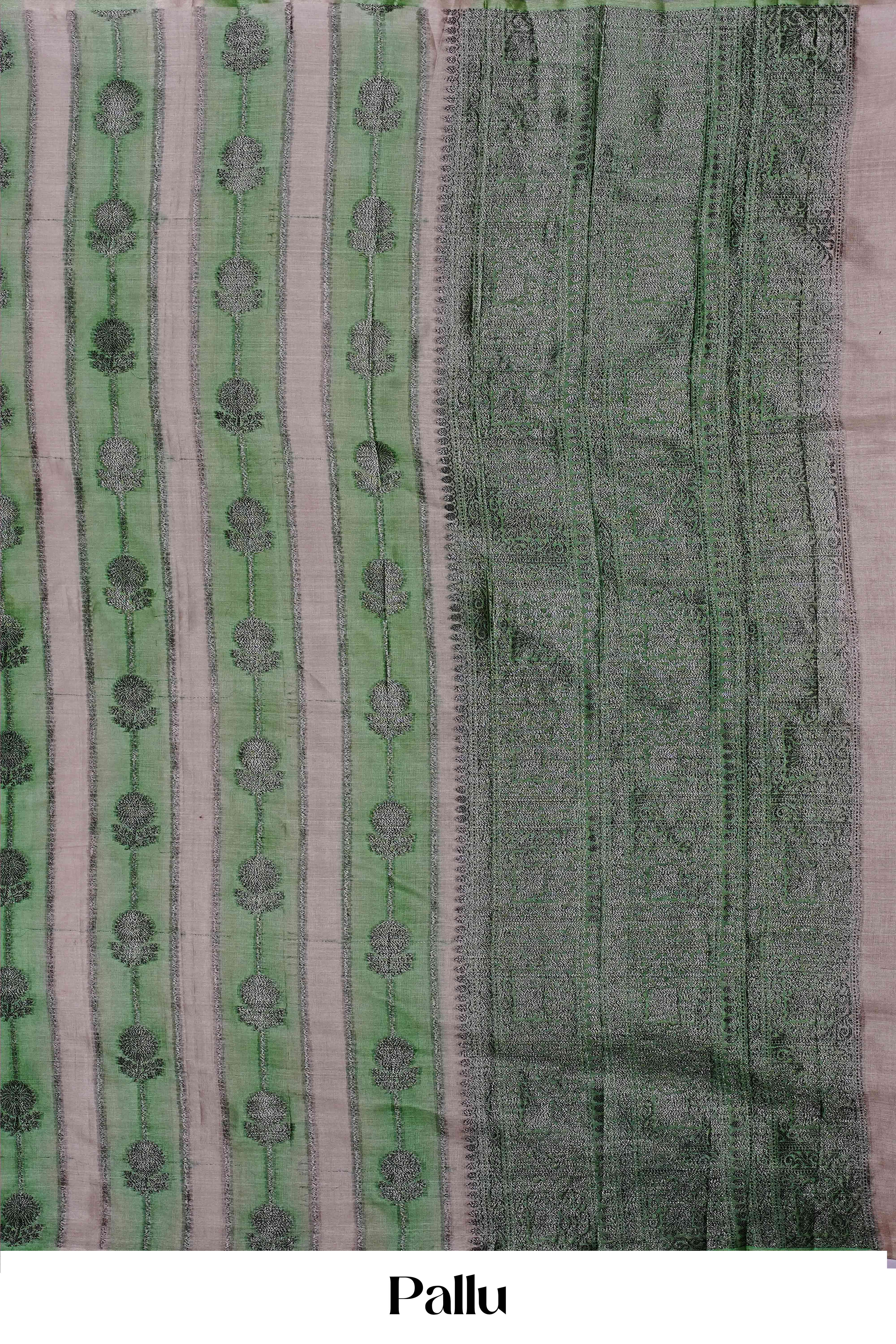 Exquisite Pure Tussar Silk Saree in Fresh Green with Silver Zari Stripes, Intricate Self-Colour Floral Butta Motifs, and Elegant Traditional Drape - Image 4