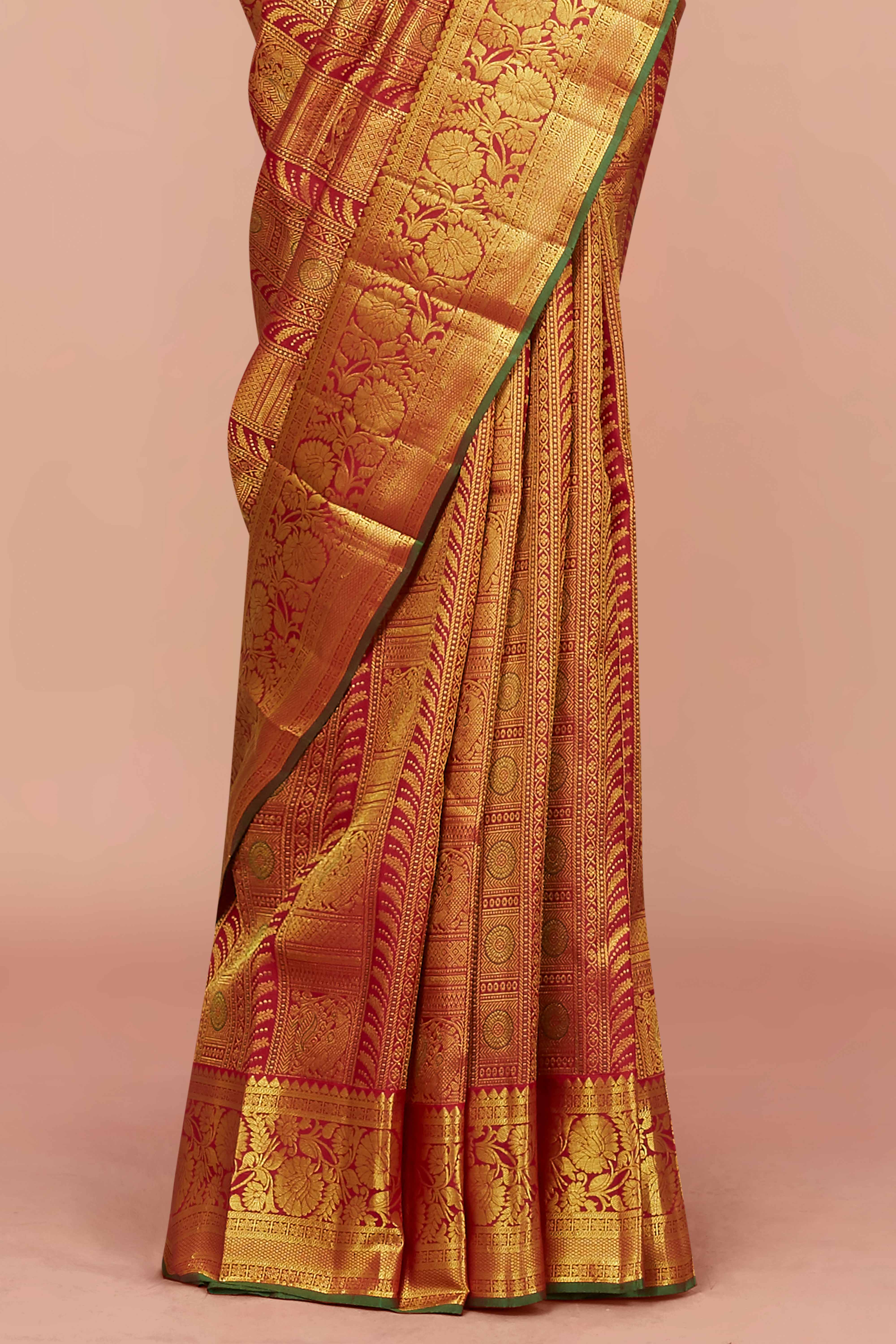 Maroon Swayamvara Pattu Gold Zari Floral Motifs Jacquard Work With Zari Woven Border - Image 3
