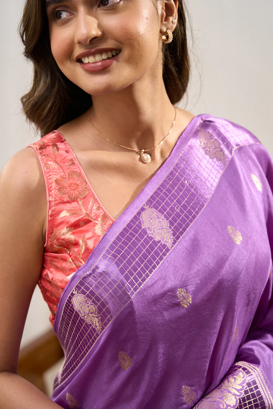 Mushru Silk With Gold Zari Floral Butta Designs Self Border - Image 3