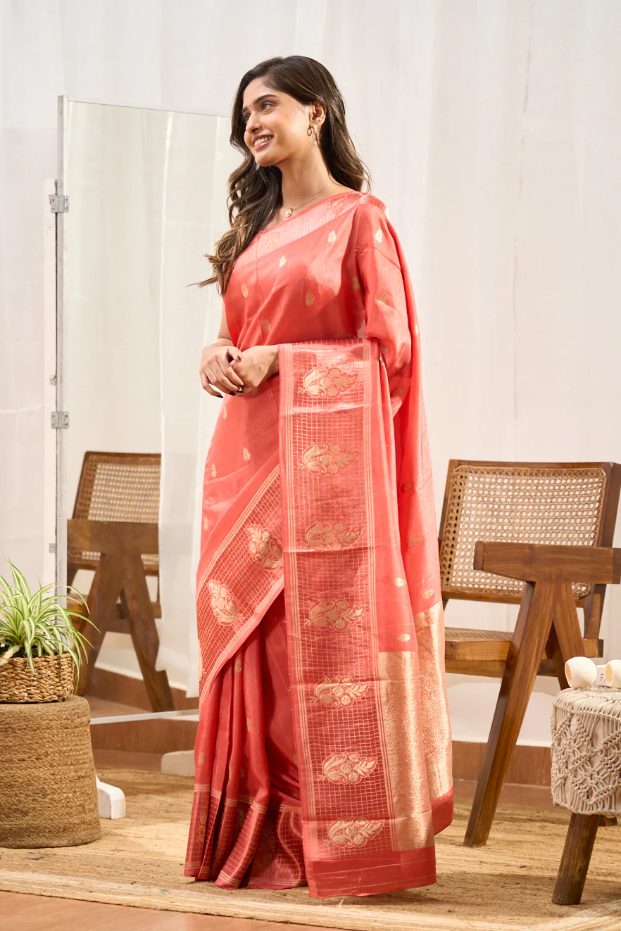 Peach Mushru Silk Saree With Gold Zari Floral Butta Across The Body With Contrast Blouse - Image 4