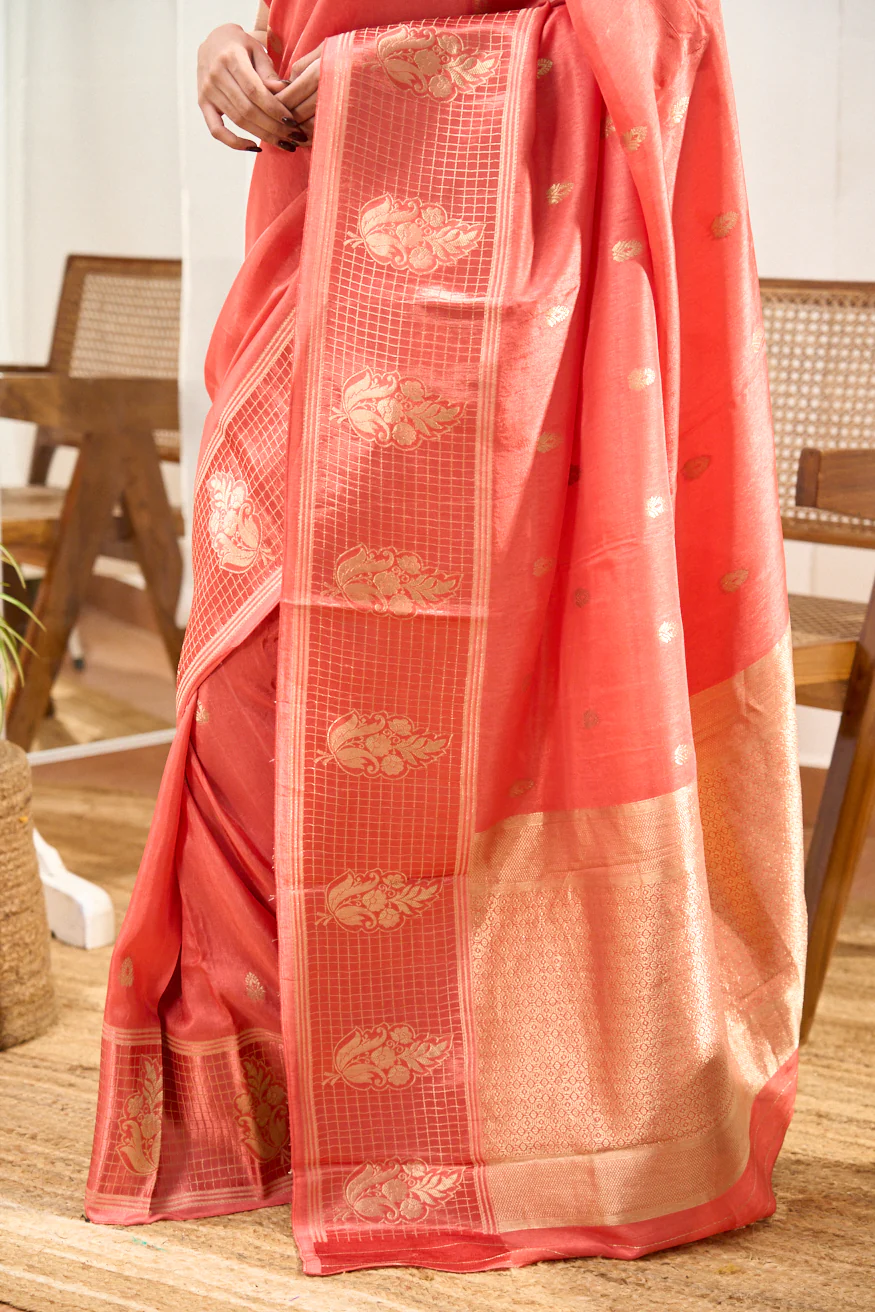 Peach Mushru Silk Saree With Gold Zari Floral Butta Across The Body With Contrast Blouse - Image 5