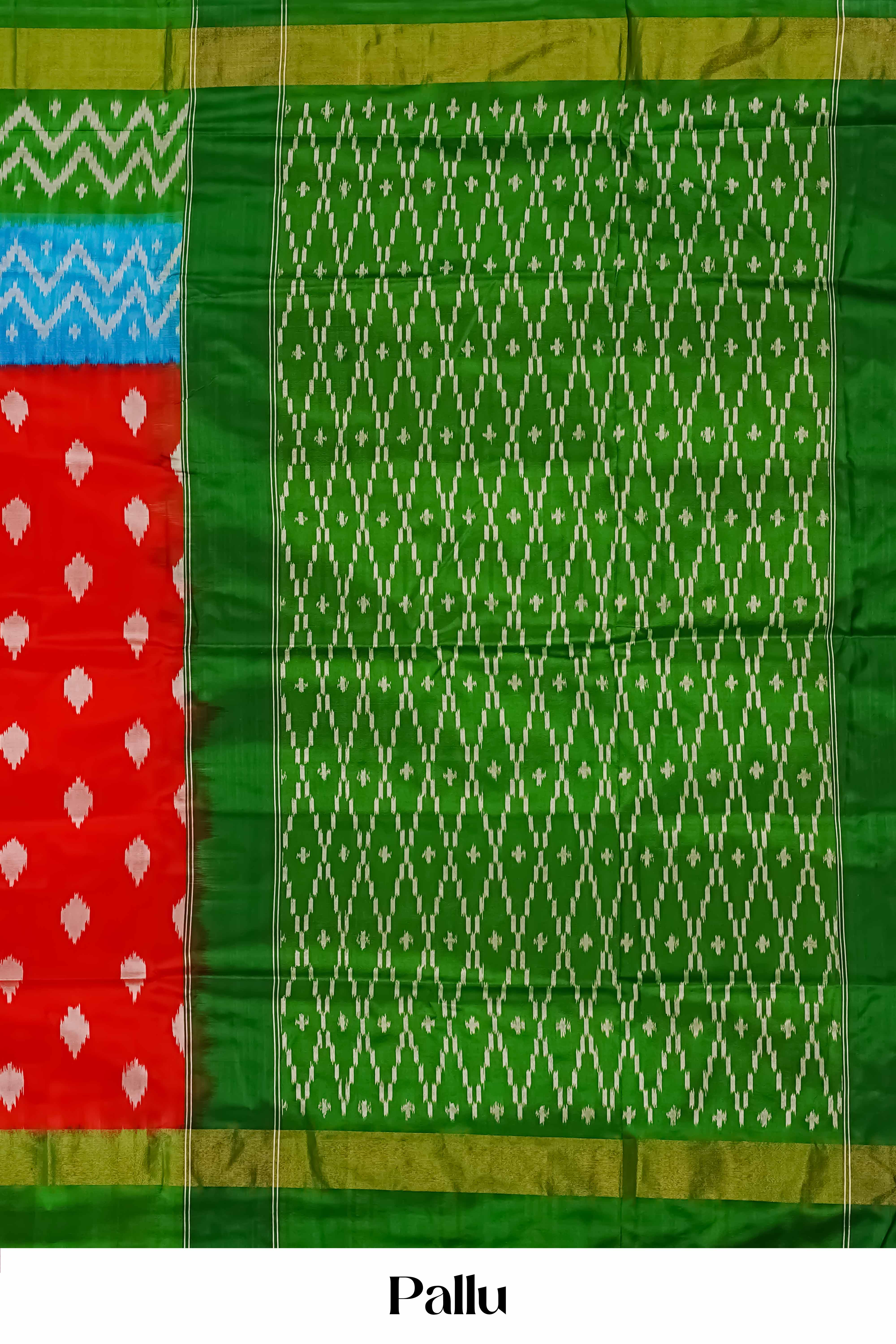 Multicolor Ikkat Pure Silk Saree with Red Body, Blue Accents and Green Contrast Border - Image 4