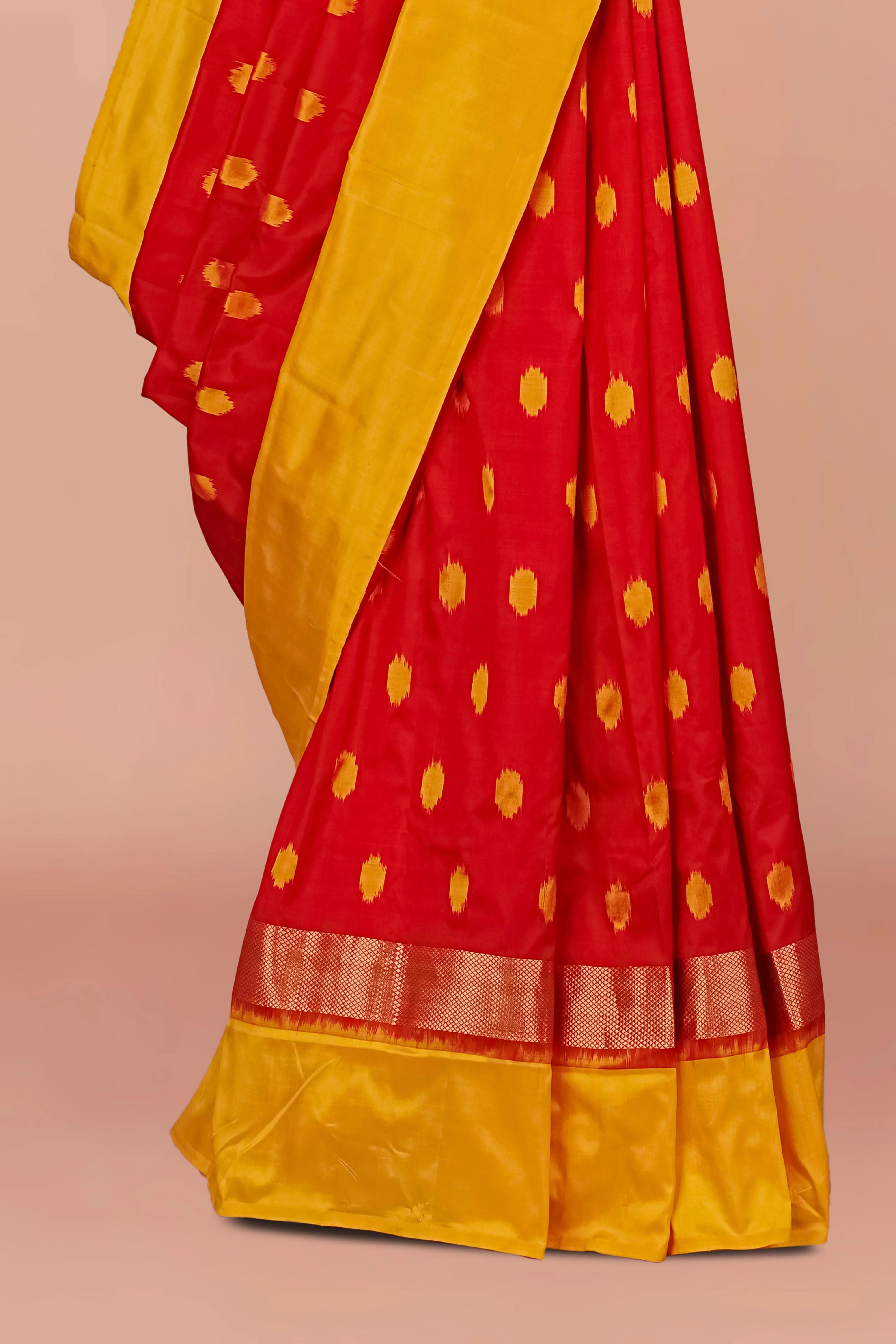 Handwoven Red & Mustard Yellow Pure Ikkat Silk Saree with Traditional Polka Butta Design and Contrast Border - Image 3