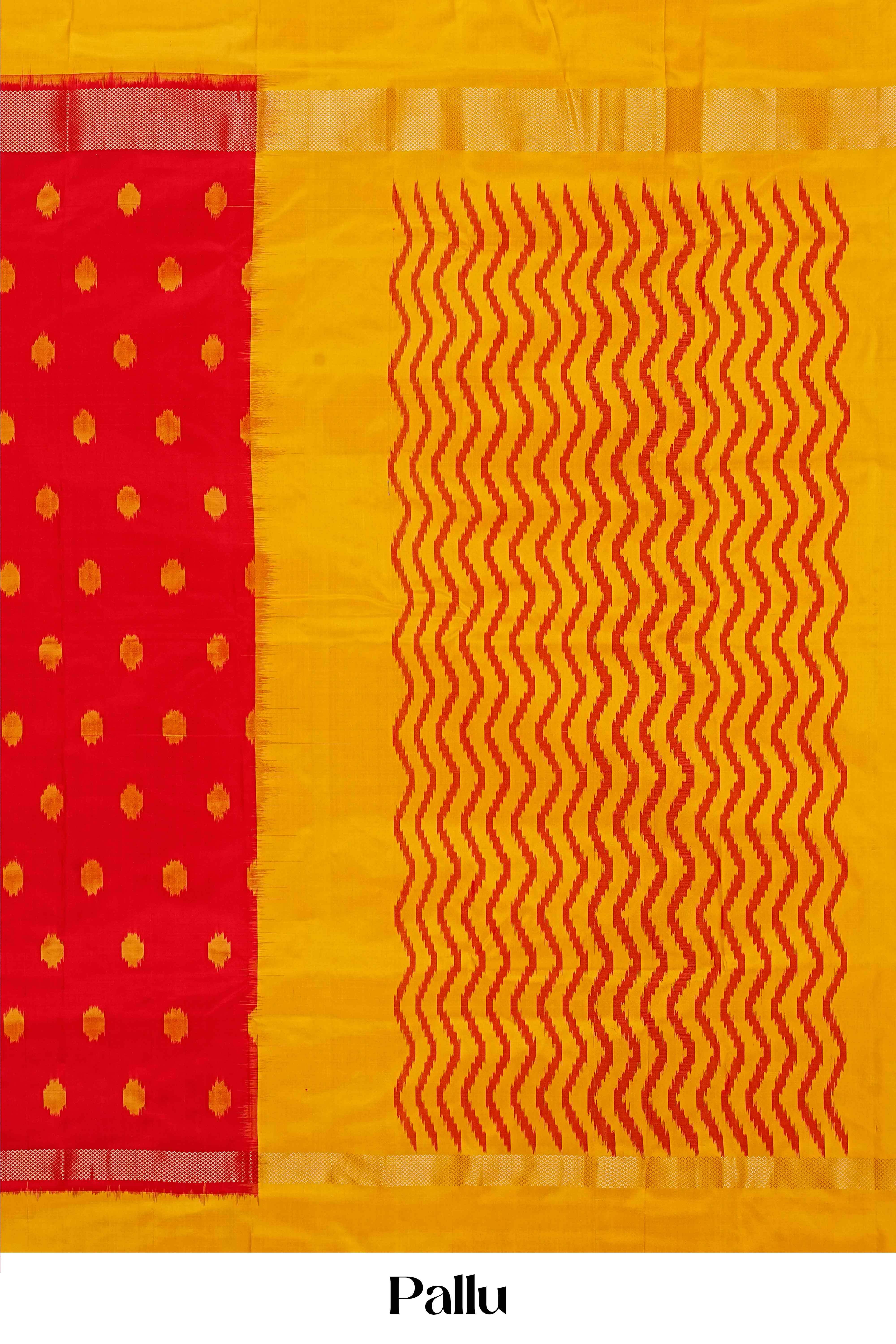 Handwoven Red & Mustard Yellow Pure Ikkat Silk Saree with Traditional Polka Butta Design and Contrast Border - Image 4