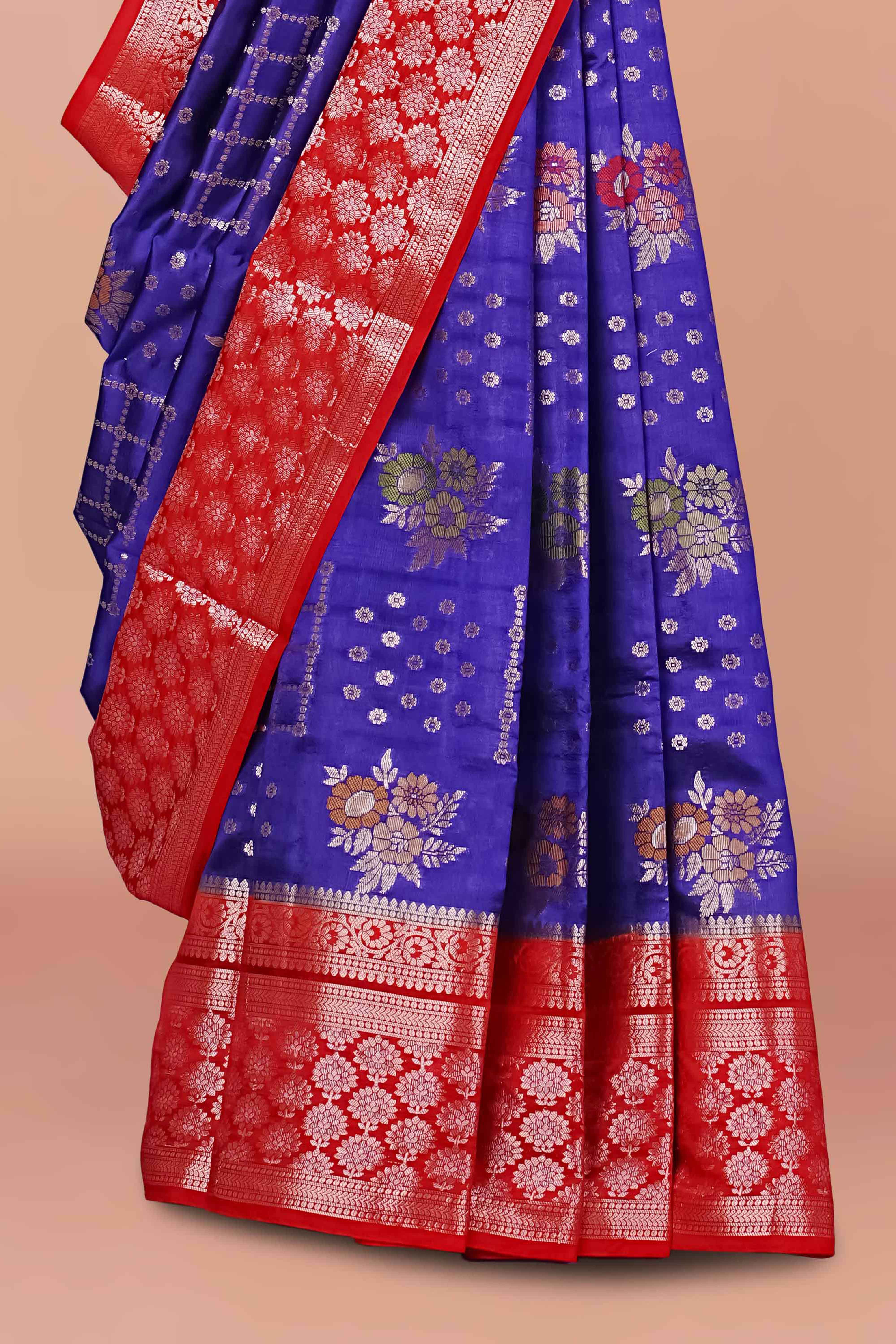 Pure Tussar Silk Saree in Royal Blue with Red Border and Intricate Silver Zari Work – Traditional Banarasi Style - Image 3