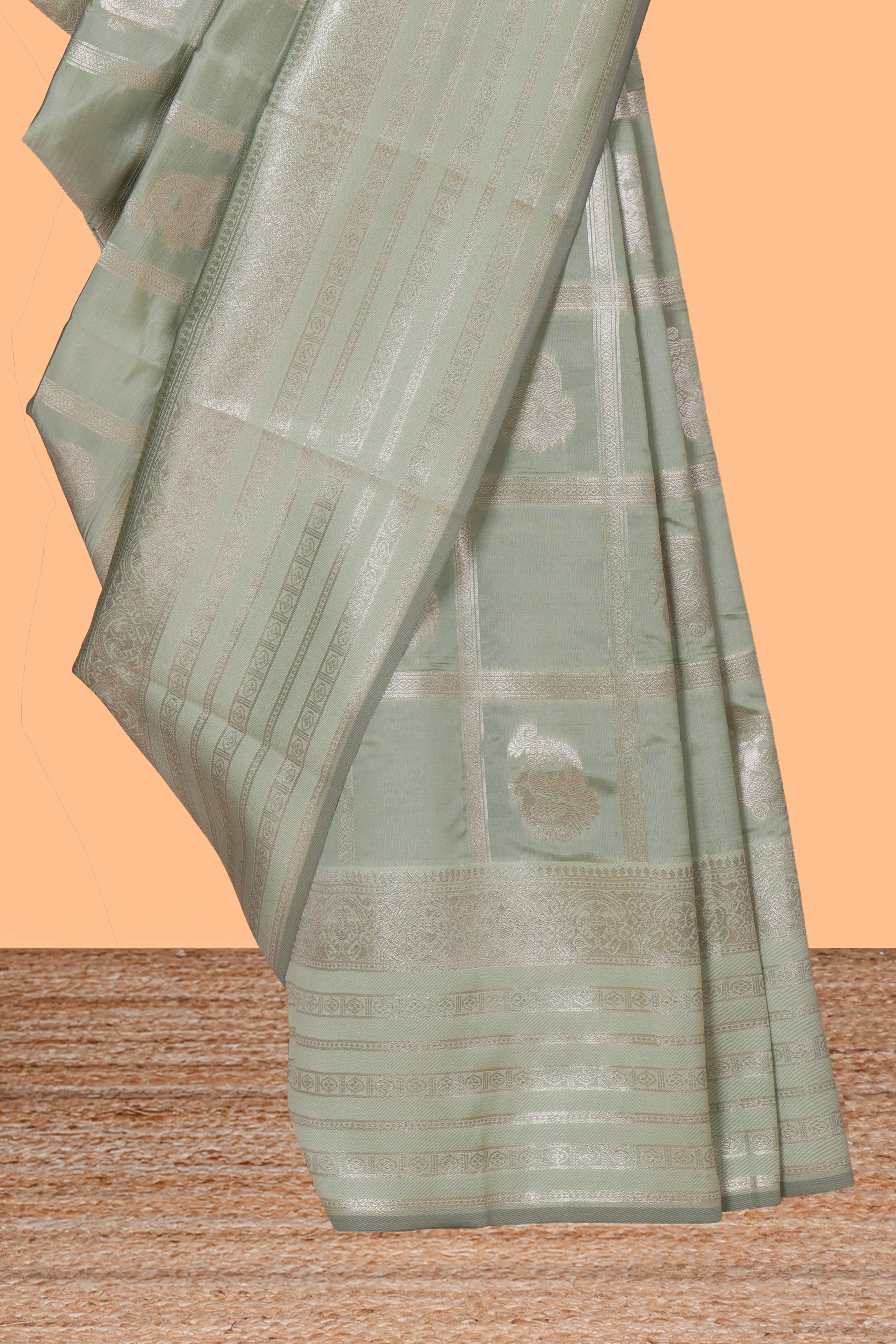 Pale green checked zari motifs art silk saree with self zari border and matching zari motifs blouse - Image 3