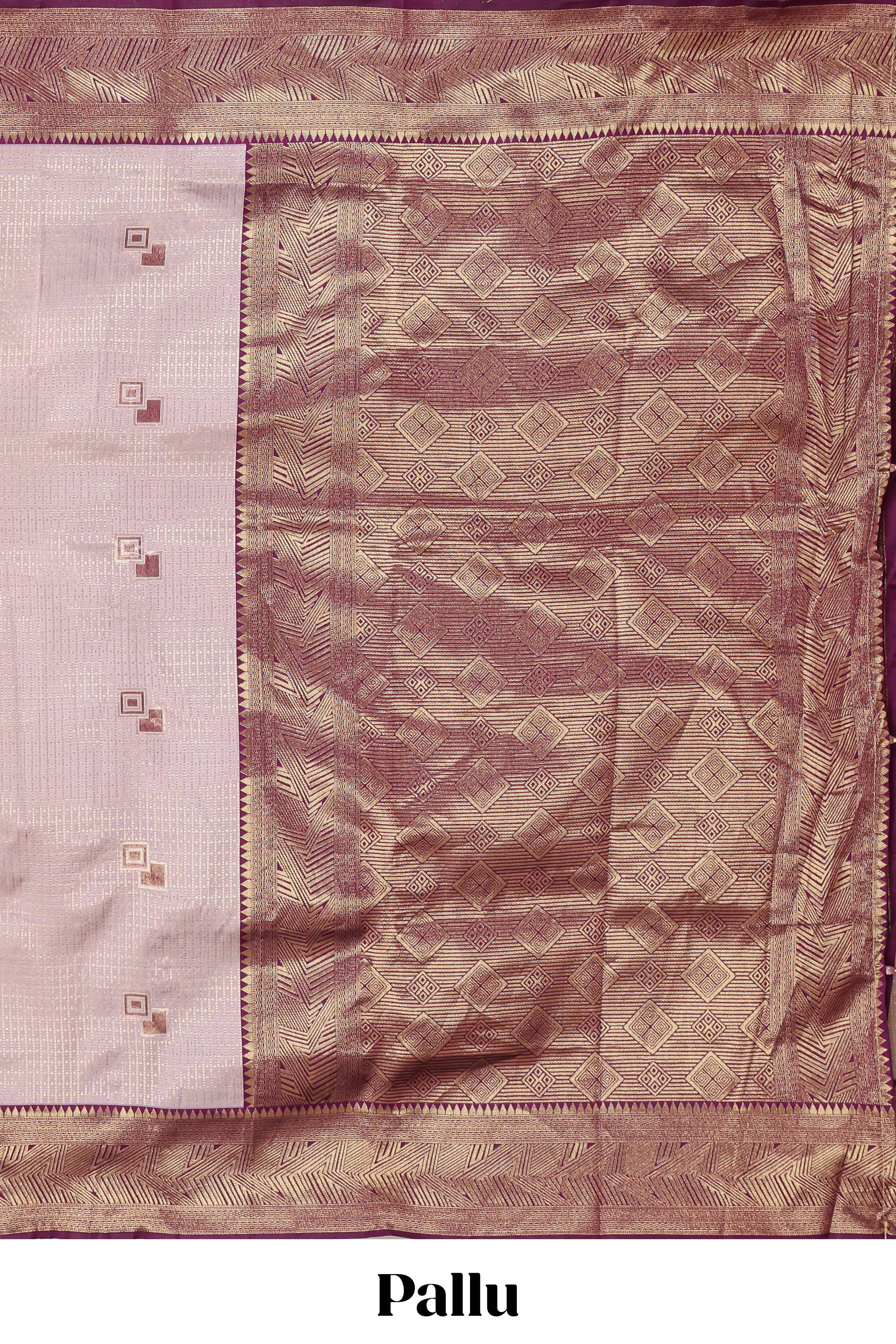 Pale pink checked geometric design litchi silk saree with contrast zari border and blouse - Image 4