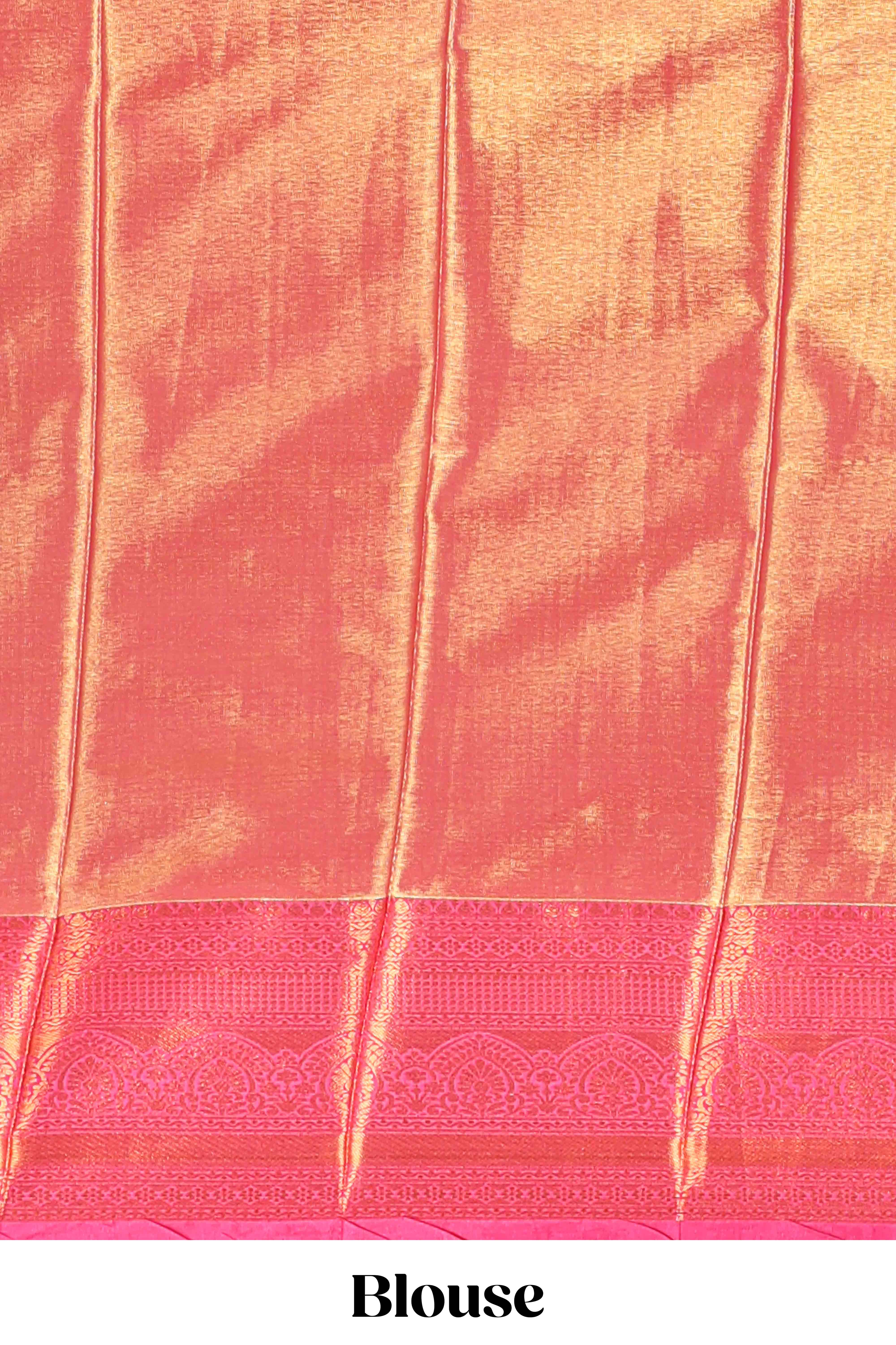 Pastel Colour Tissue Silk Saree with Antique Gold Zari Weaving and Contrast Border and Contrast Blouse - Image 5