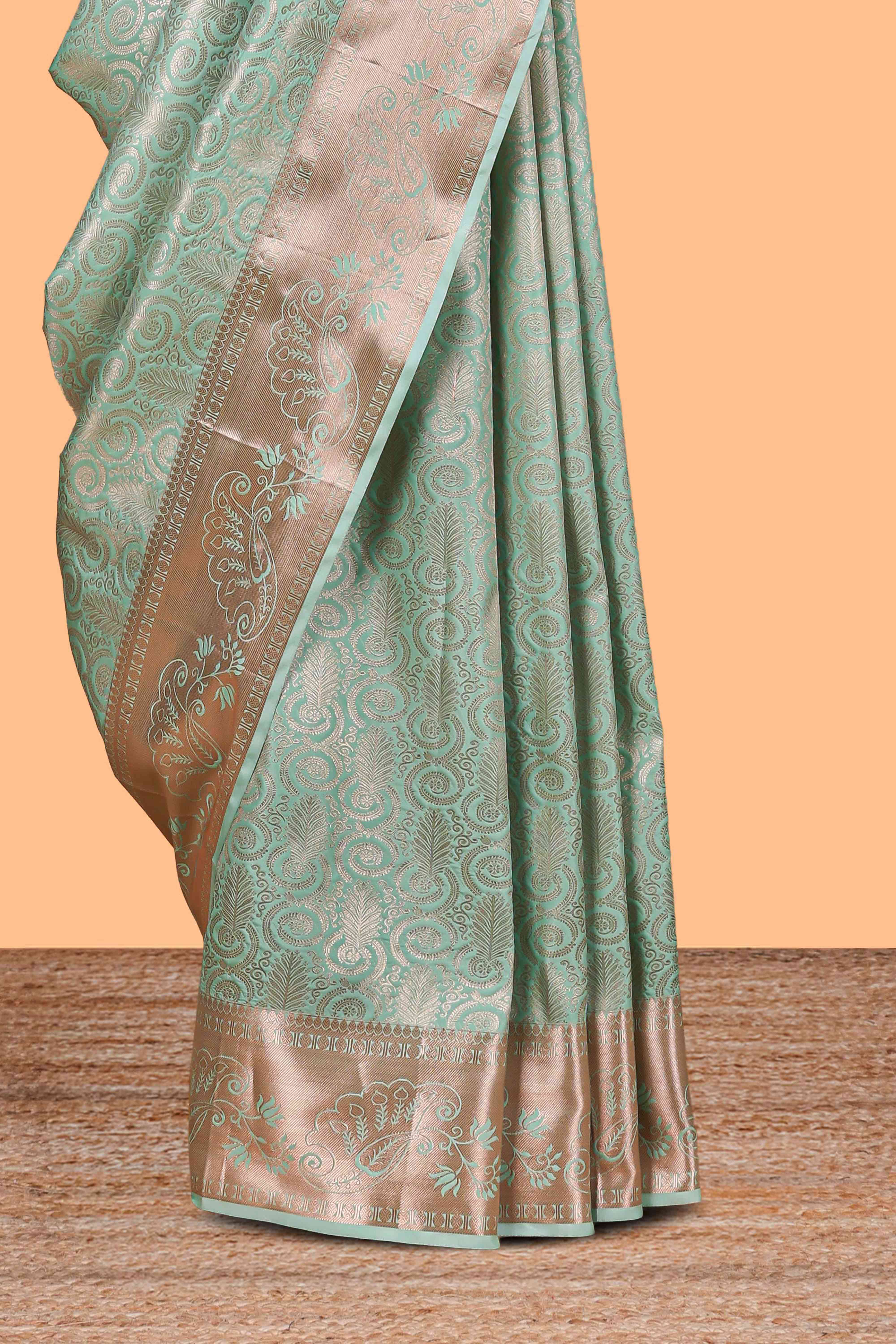 Pastel Green Color Tissue Silk Saree with Zari Weaving Body and Contrast Border along with Matching Blouse - Image 3