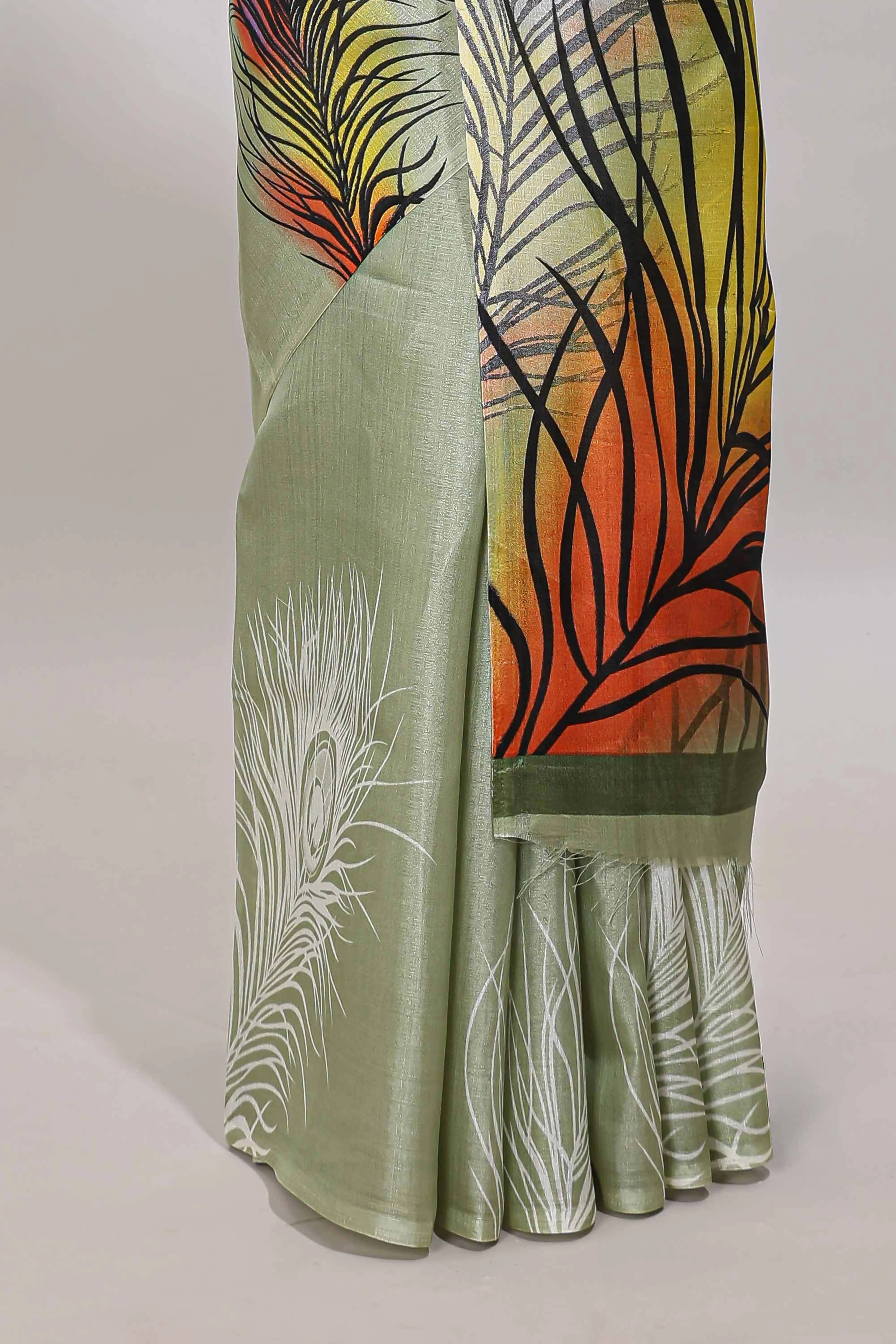Pastel green peacock feather print south cotton saree with matching blouse - Image 4