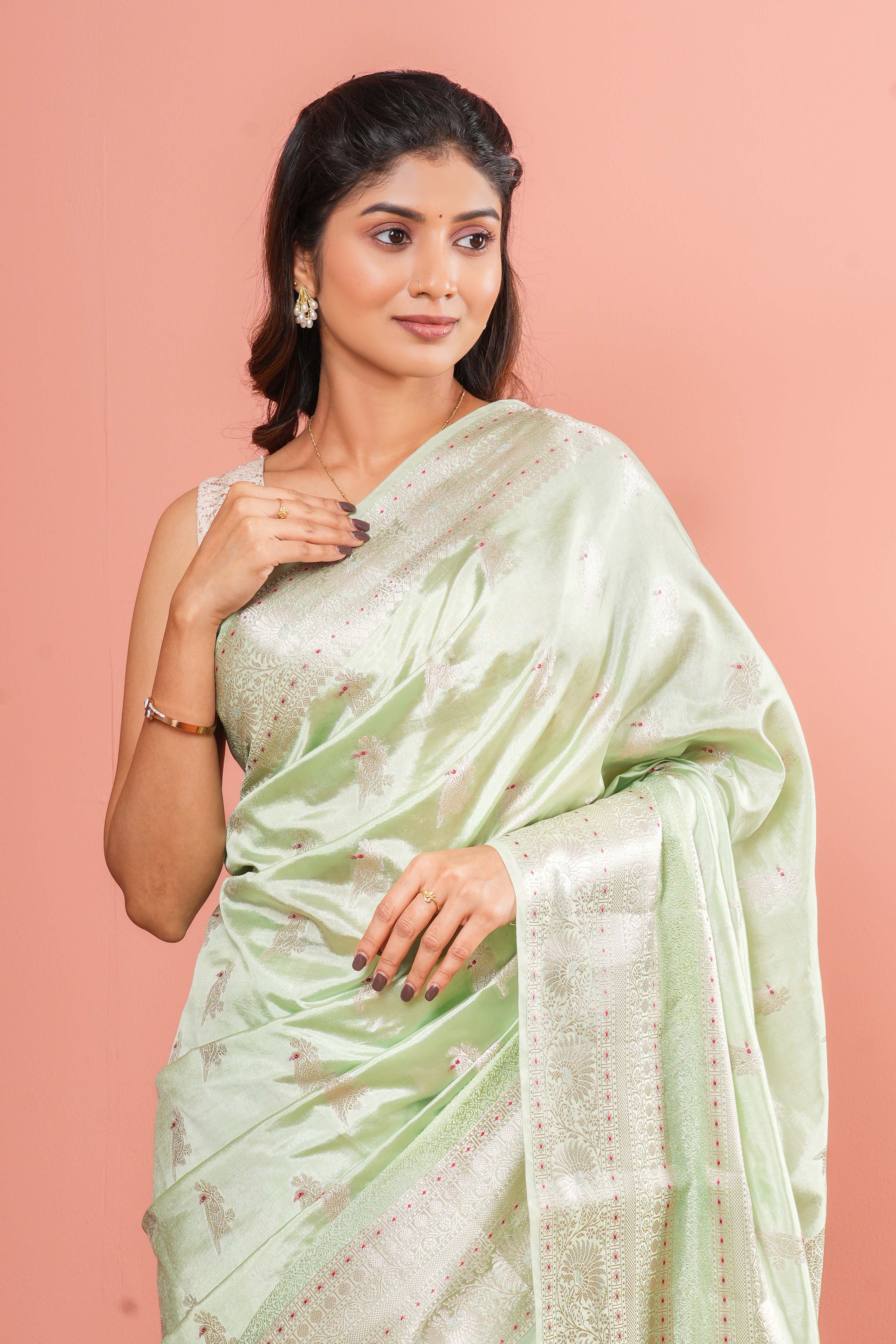 Pastel Green Raw Silk Saree Motifs In Silver Zari Across The Body Pallu With Elaborate Silver Zari Weaving In Floral Design Along With Blouse - Image 3