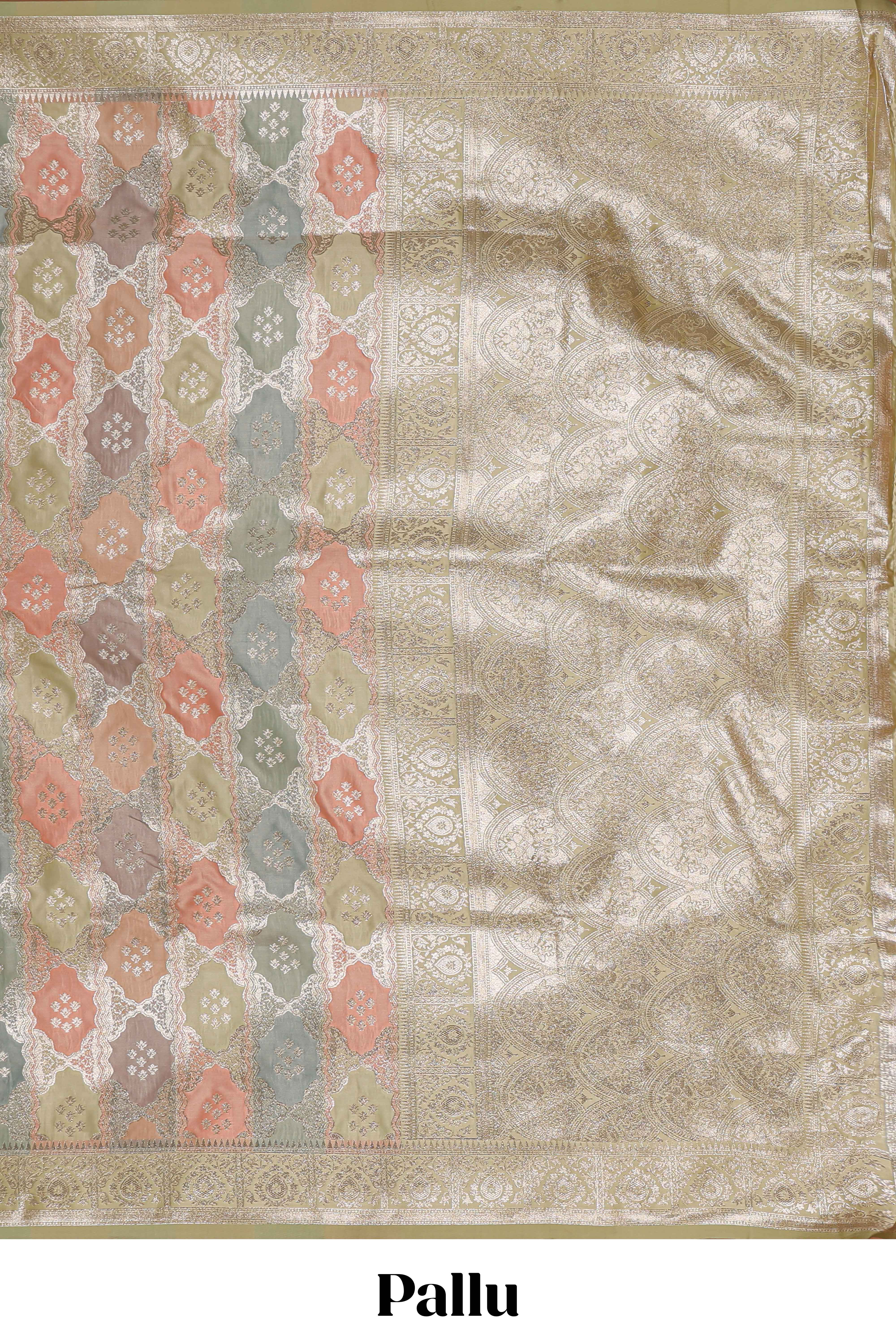 Pastel mint green floral design motifs banarasi silk saree with self border and matching floral printed blouse - Image 4