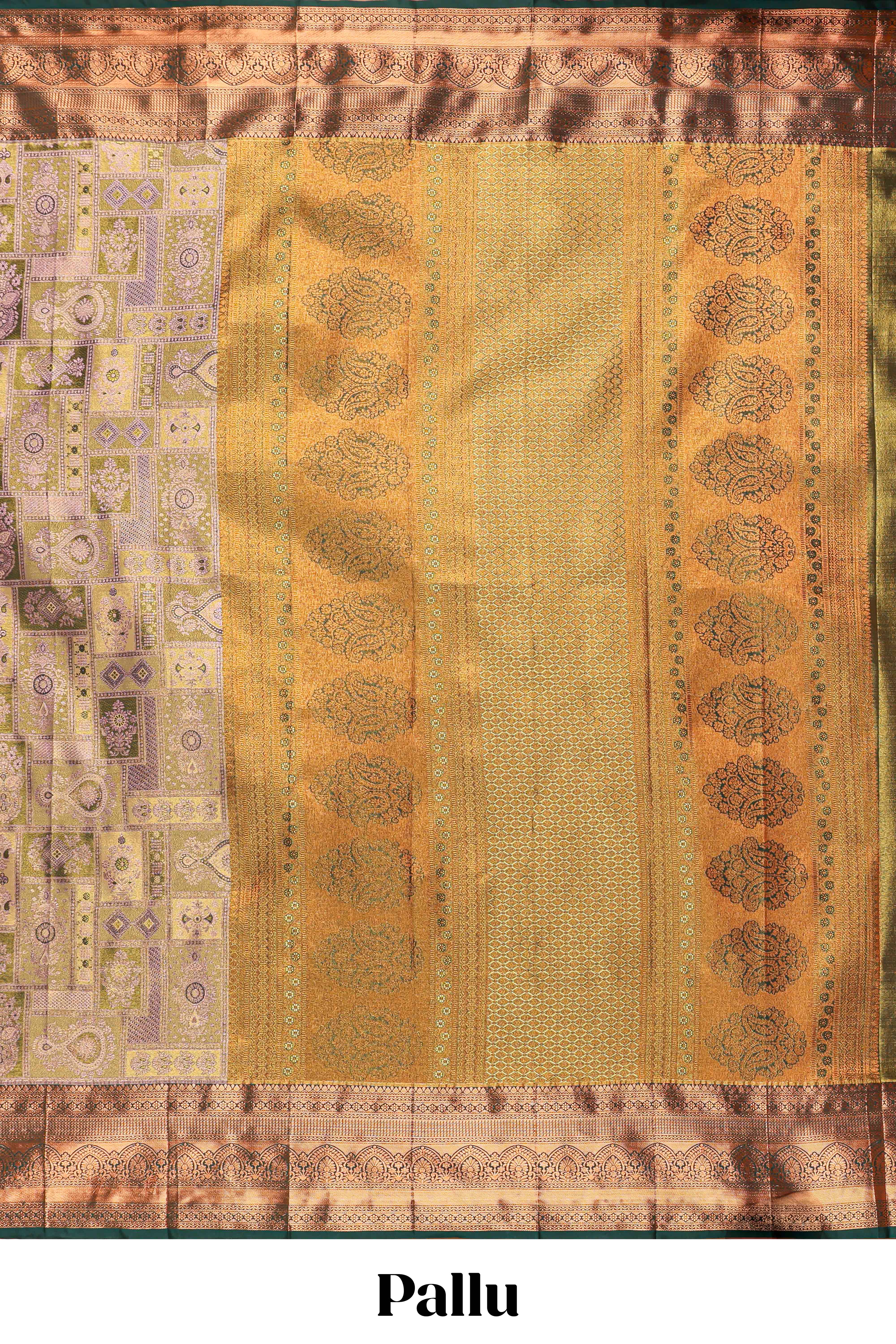 Pastel Sage Green Tissue Silk Saree with Antique Gold Zari Weaving and Dark Green Contrast Border and Contrast Blouse - Image 4