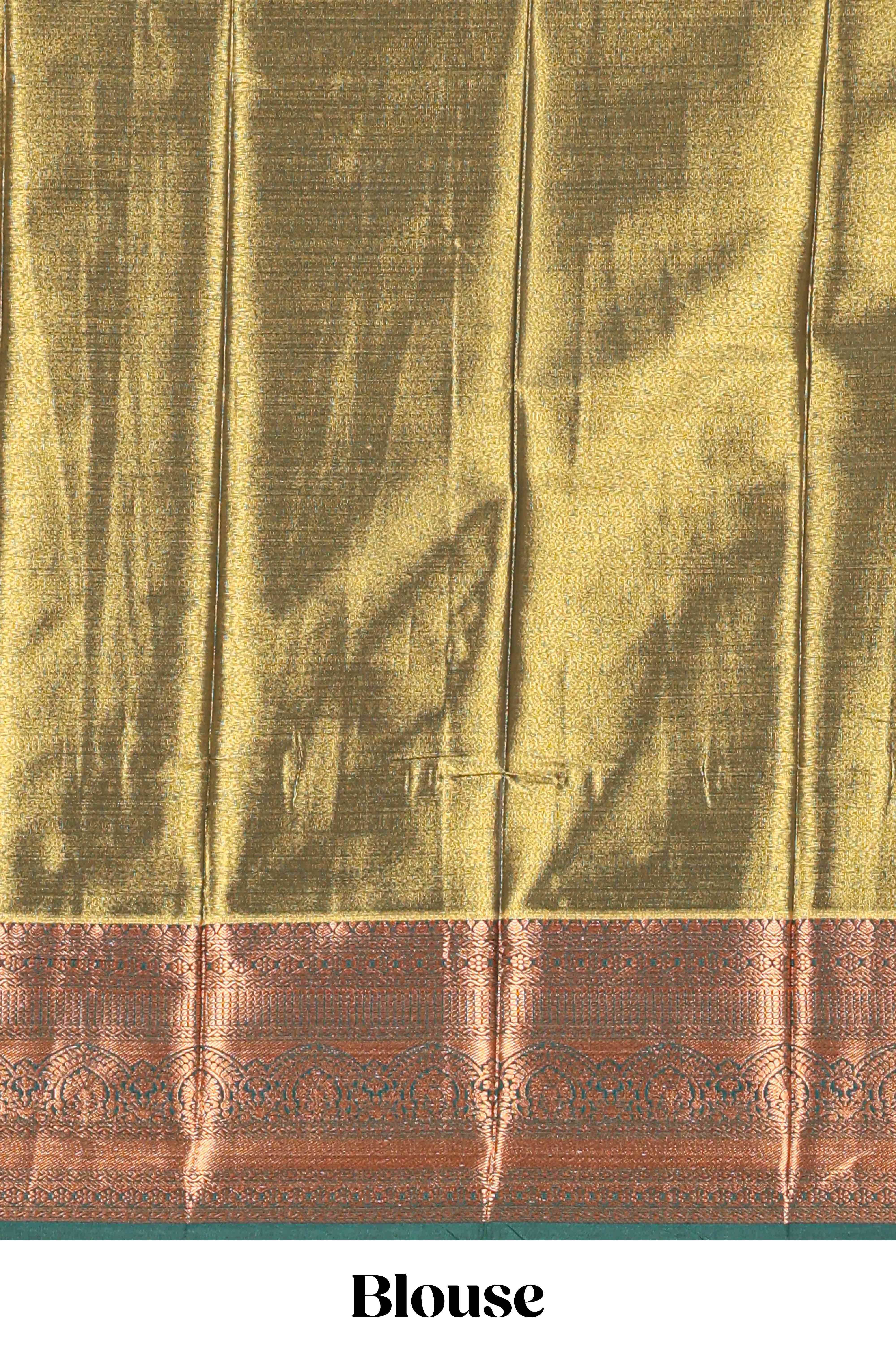 Pastel Sage Pink Tissue Silk Saree with Antique Gold Zari Weaving and Dark Green Contrast Border and Contrast Blouse - Image 5