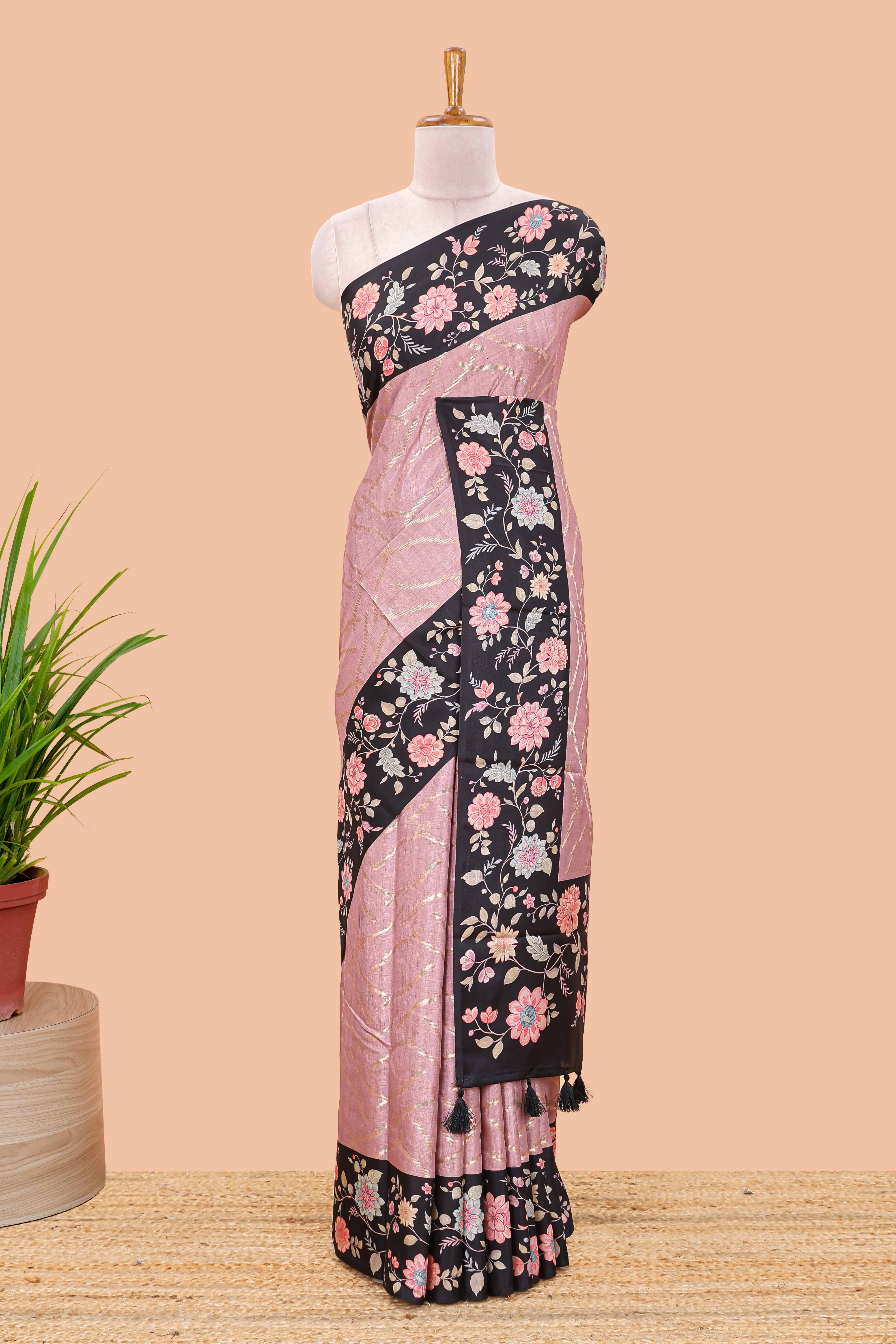 Peach art tussar saree with wave zari weaving body and black floral print border and pallu - Image 2