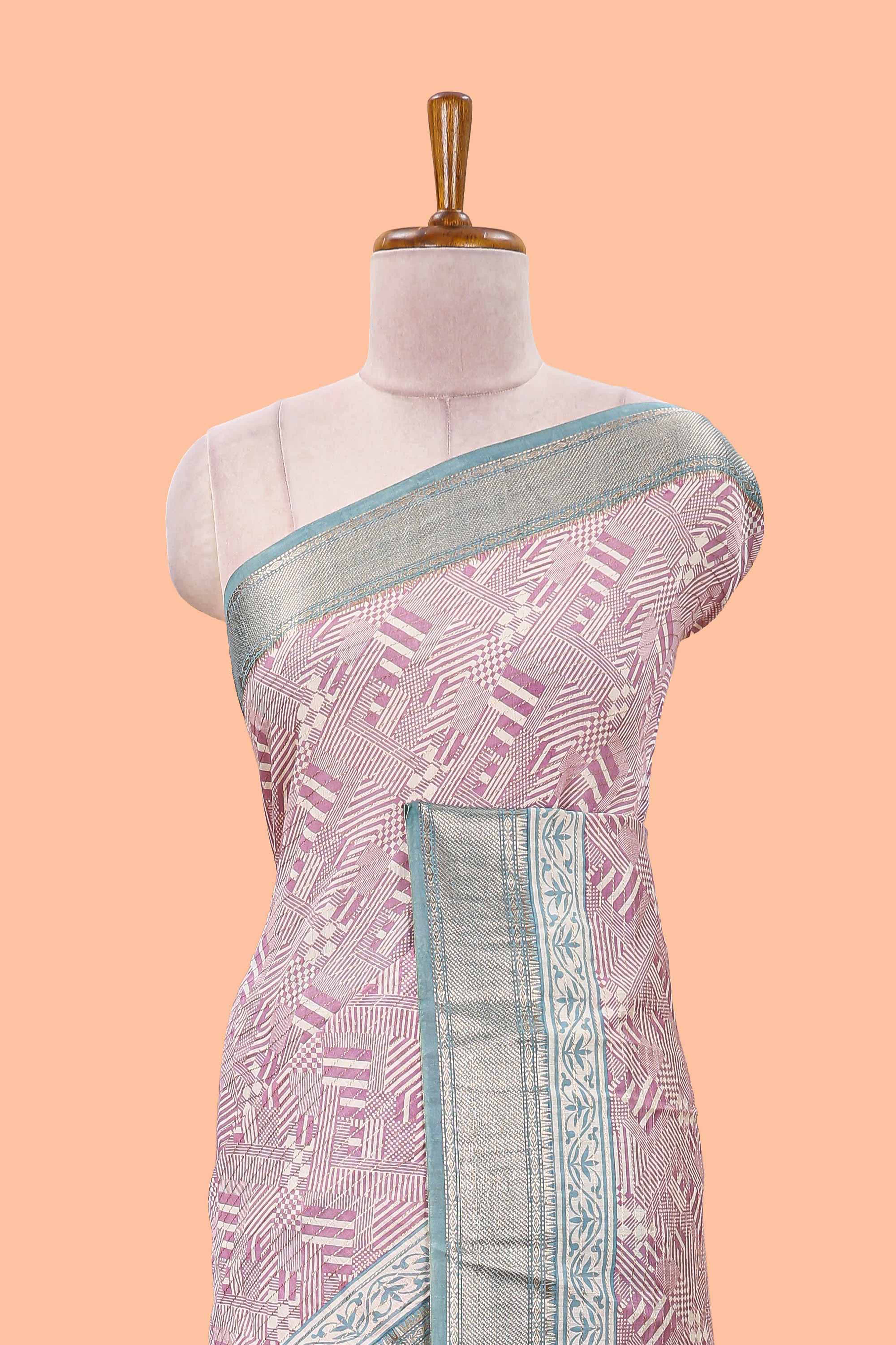 Peach assam silk saree with geometric print body, contrast zari border, and zari stripe pallu - Image 3