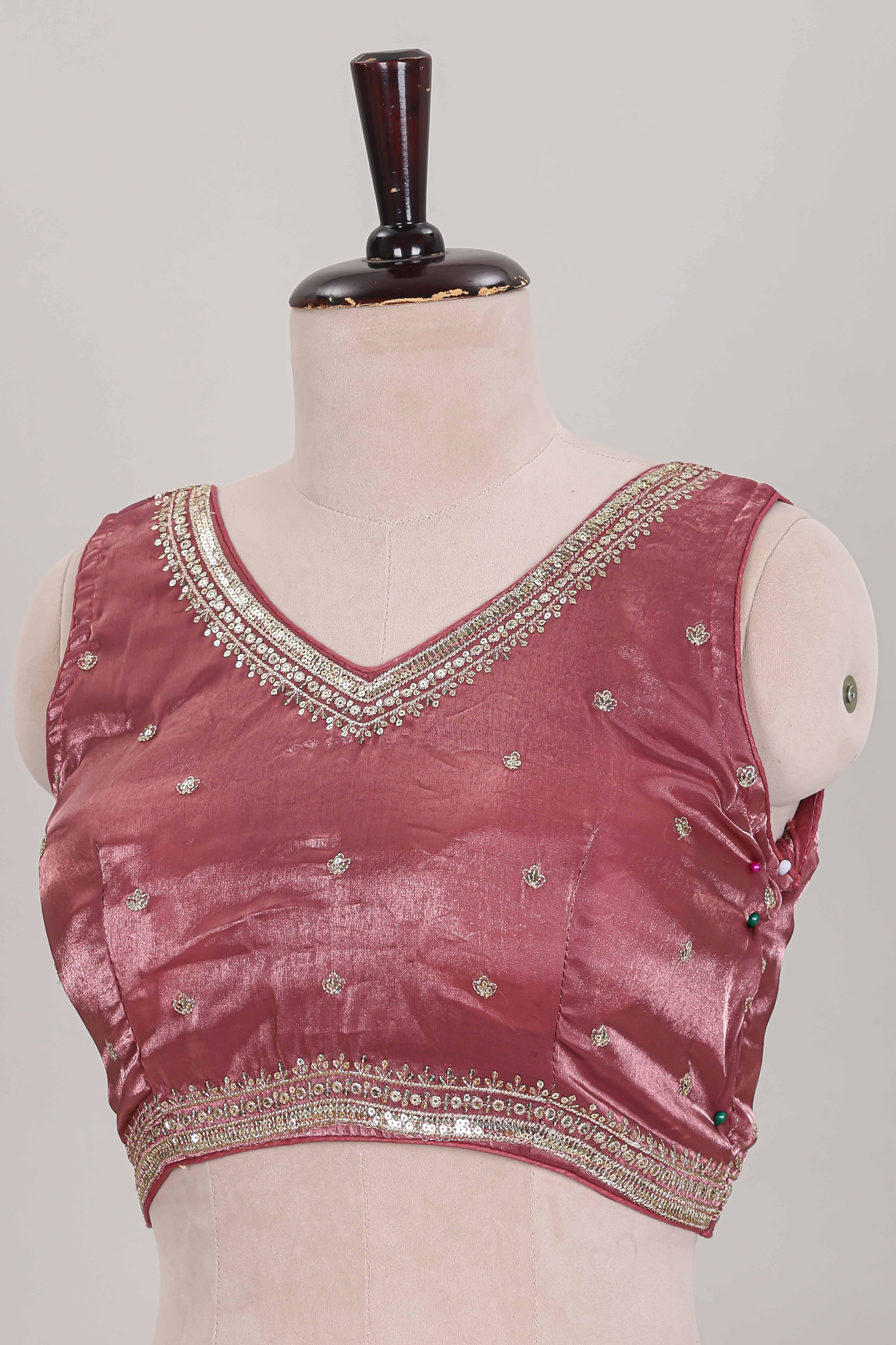 Peach embroidery work readymade designer blouse, sleeveless V neck with back tassels - Image 2