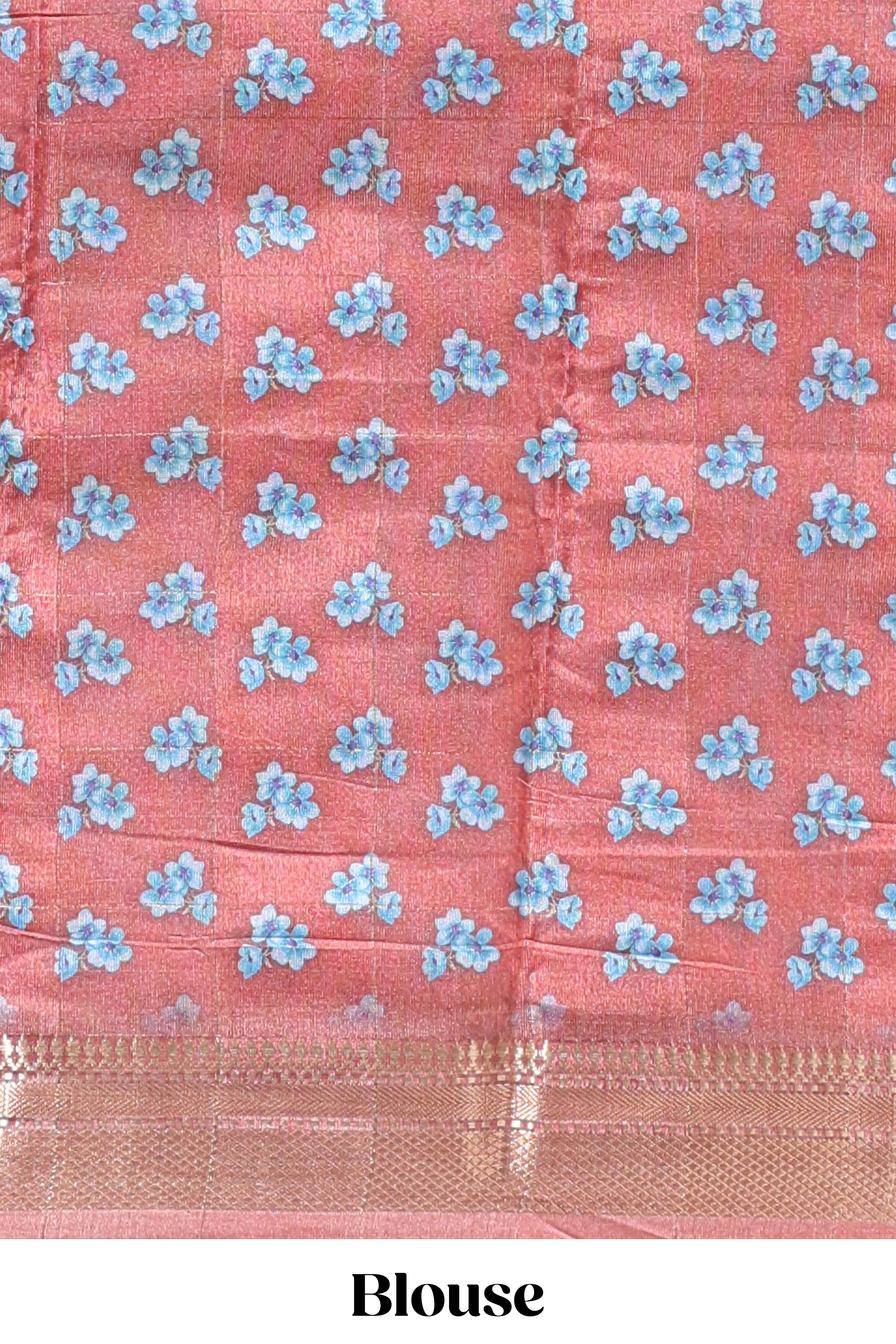 Peach floral design dola silk saree with sellf zari border and matching blouse - Image 5