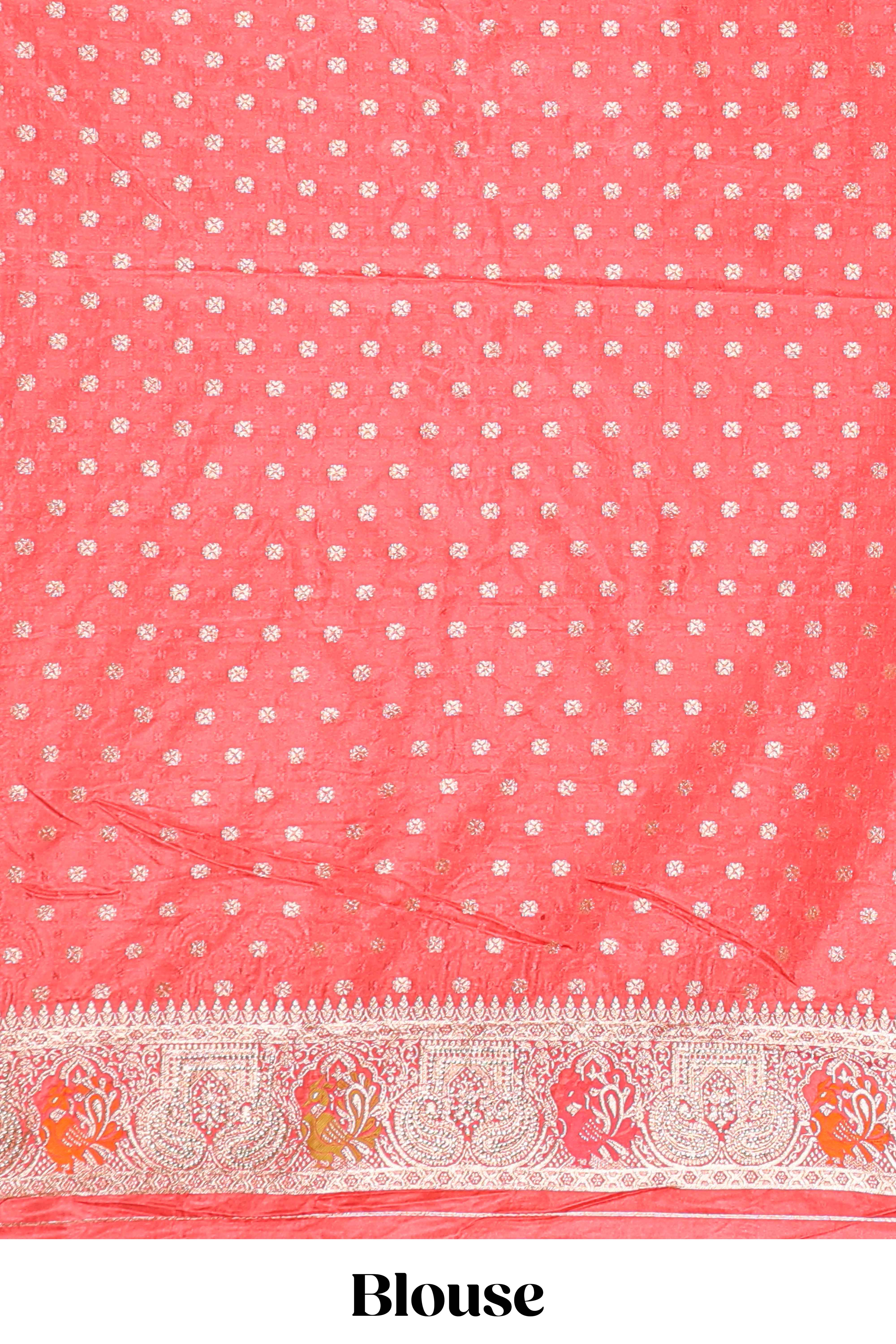 Peach floral zari design banarasi silk saree with self border and matching printed blouse - Image 5