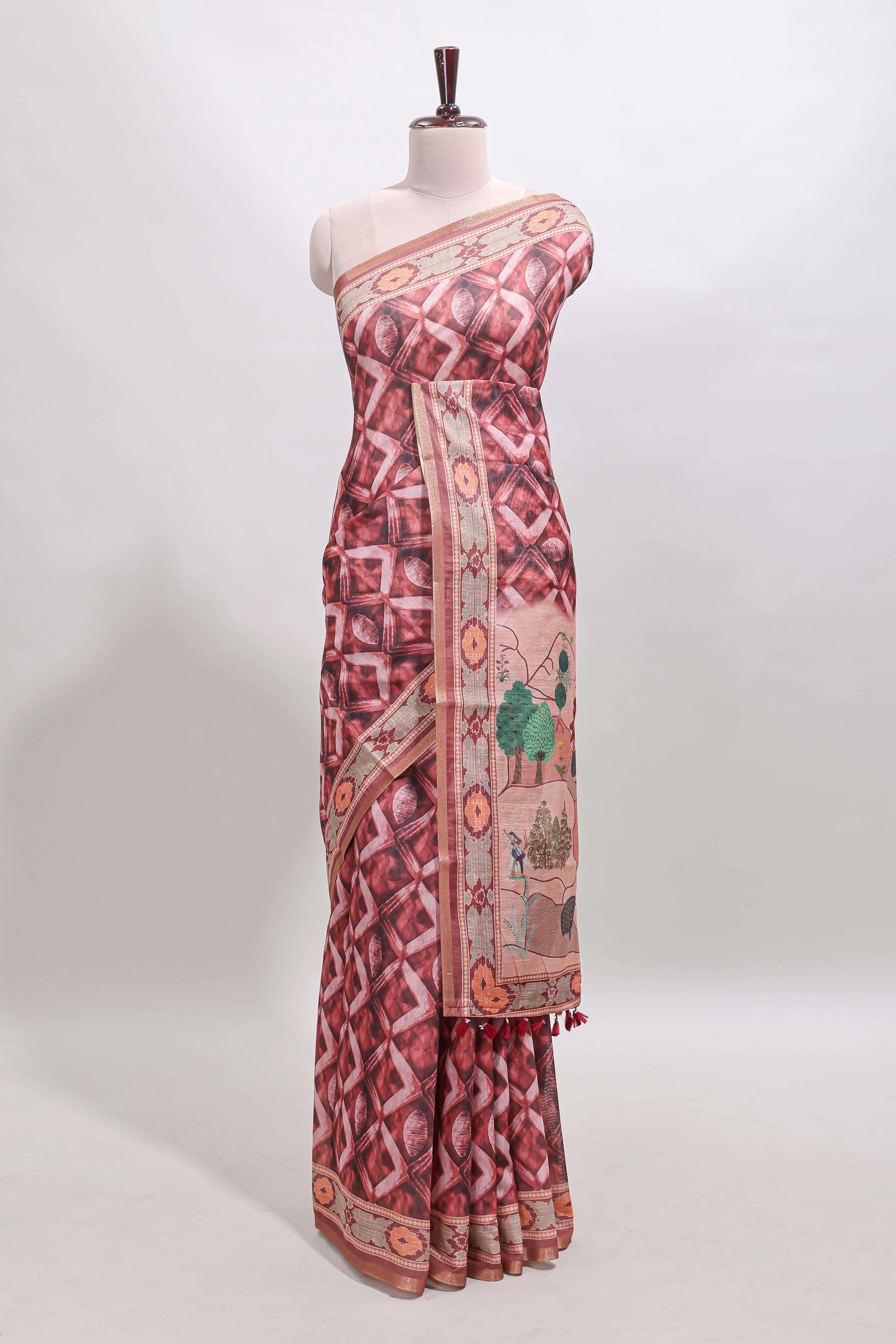 Peach geometric digital print linen cotton saree with self zari border and matching blouse - Image 2