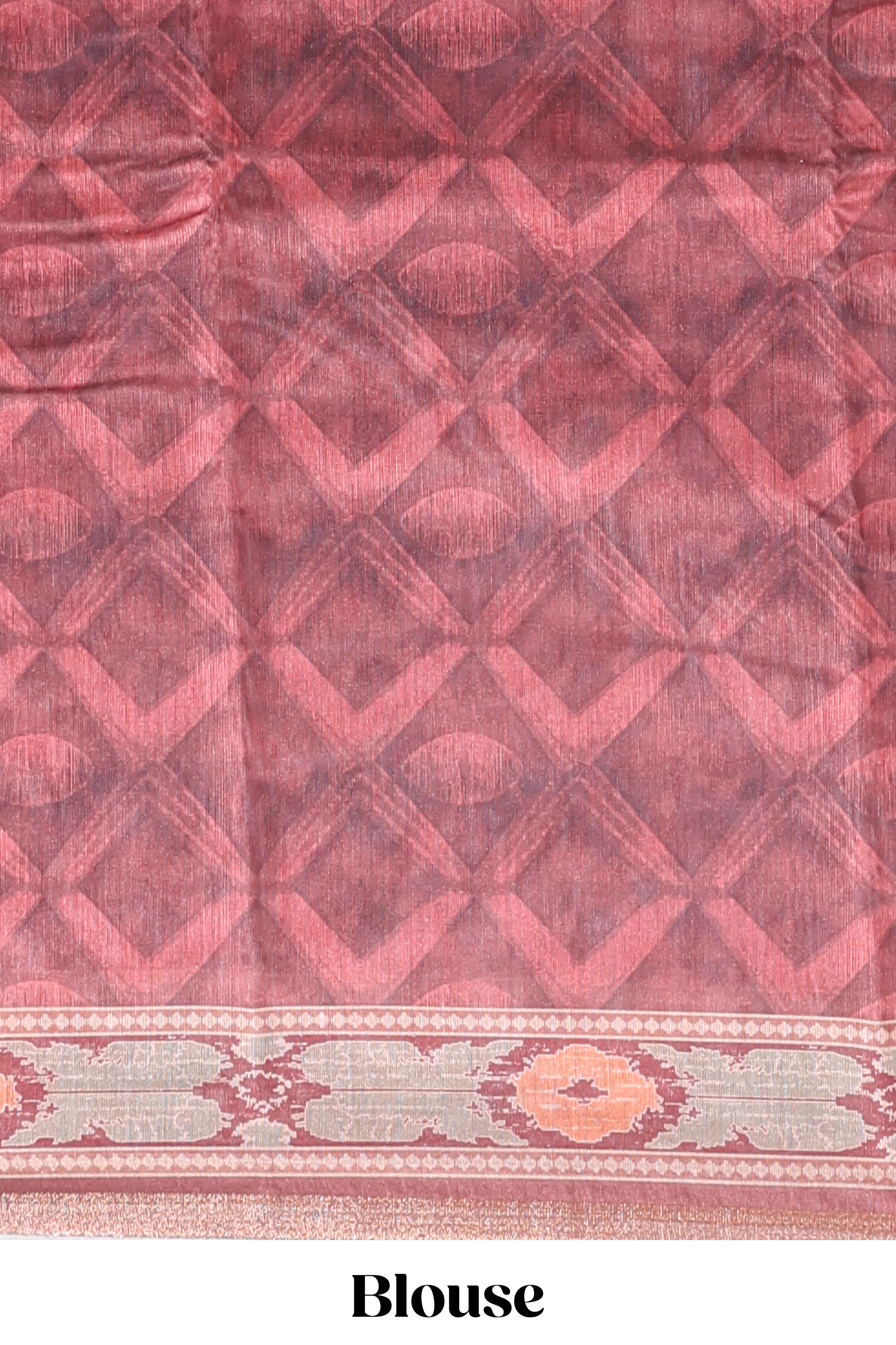 Peach geometric digital print linen cotton saree with self zari border and matching blouse - Image 5