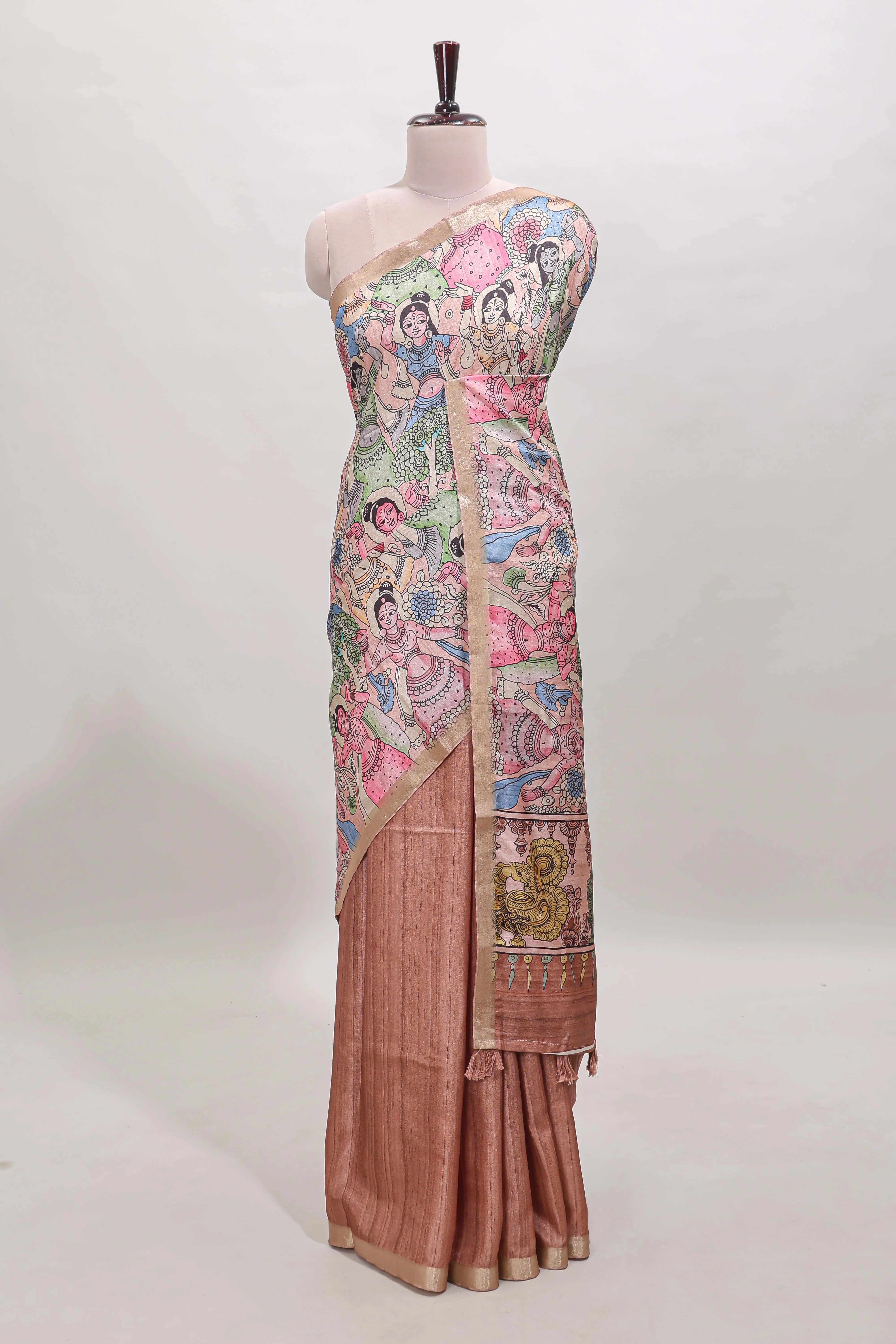 Peach kalamkari style art tussar saree with self zari border and blouse - Image 2