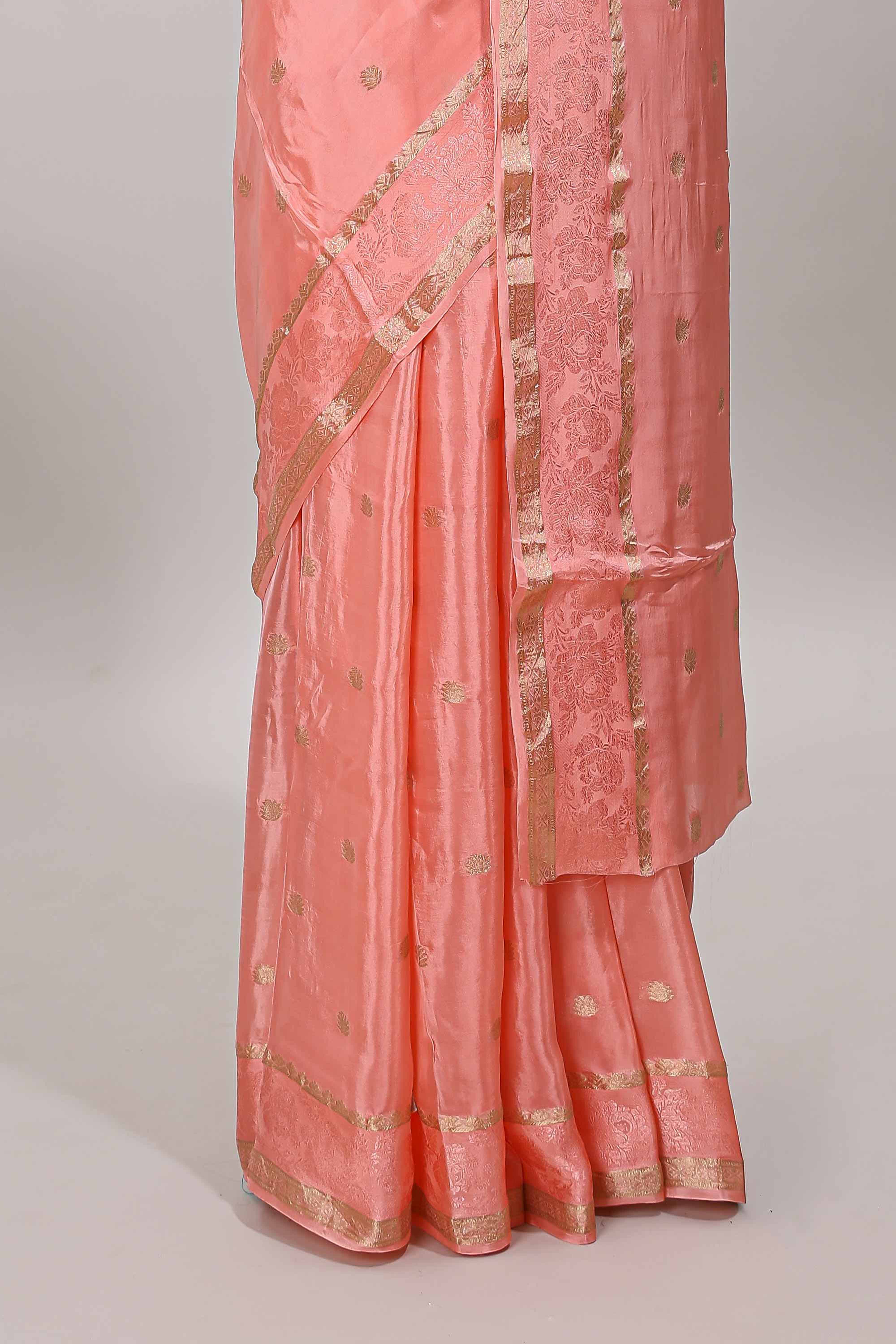 Peach zari butta dola silk saree with self zari border and matching blouse - Image 4