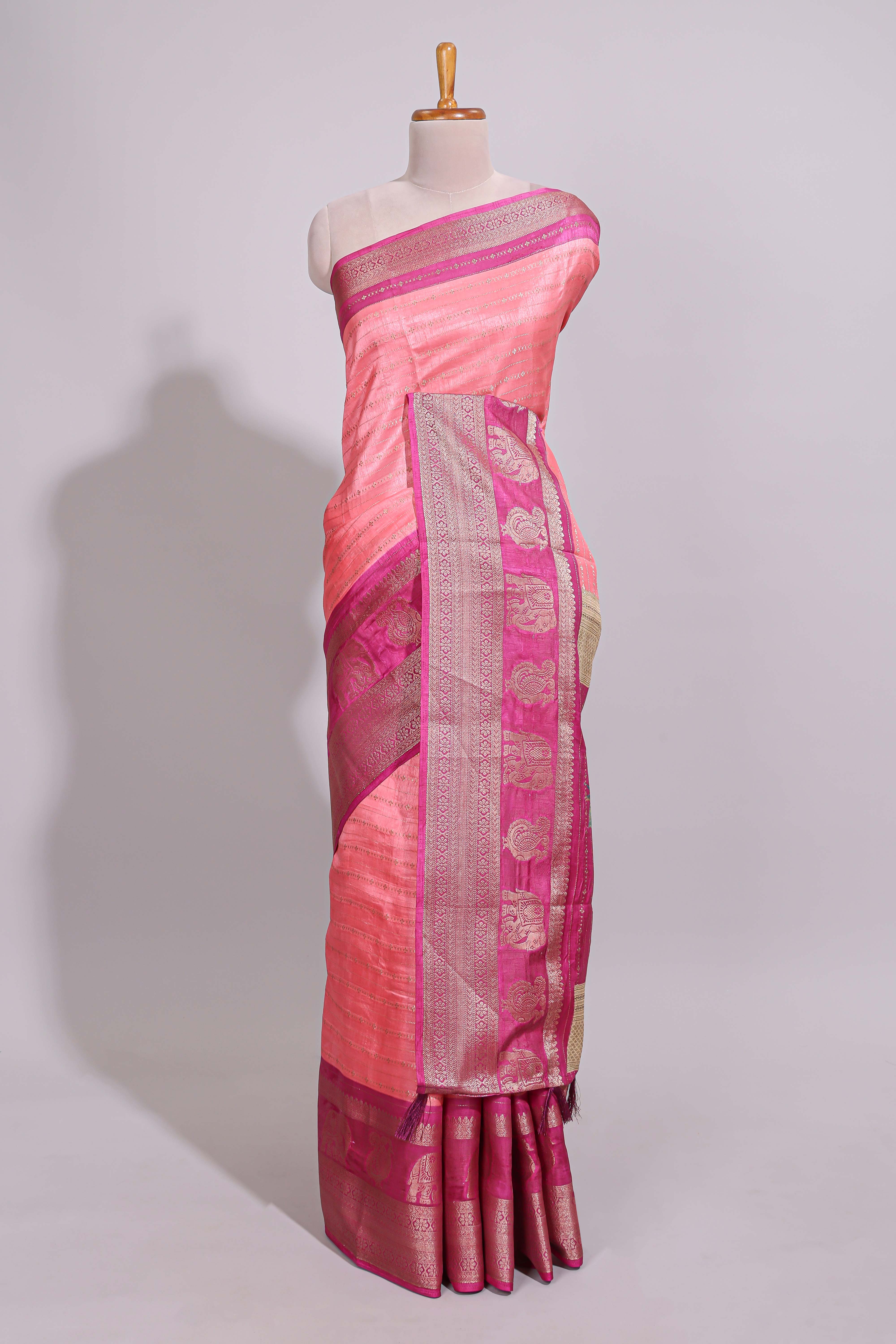 Peach zari striped dola silk saree with contrast zari border and floral printed pallu - Image 2