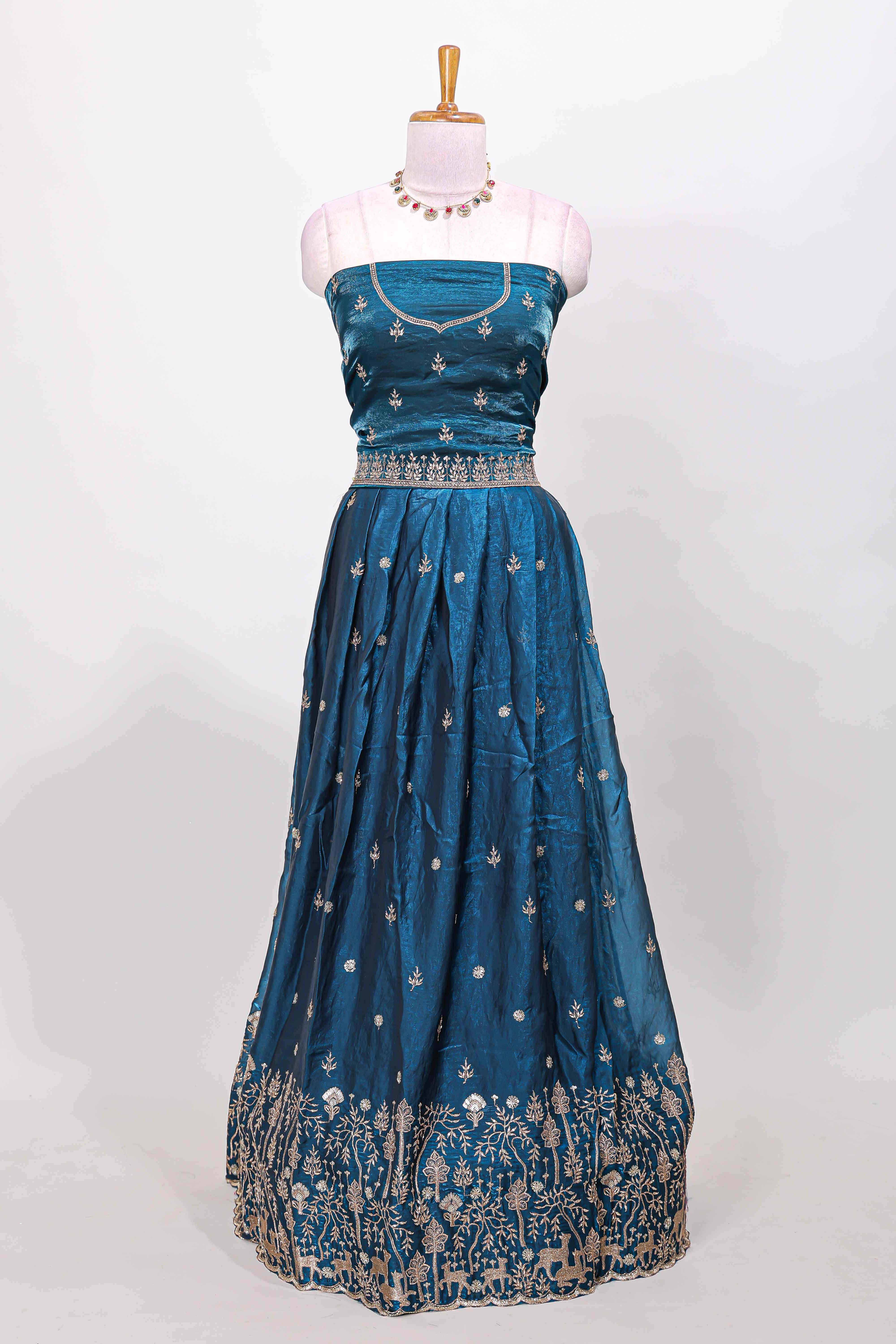 Peacock blue fendy chiffon lehenga with all over embroidery and stone work, paired with a contrast dhavani - Image 3