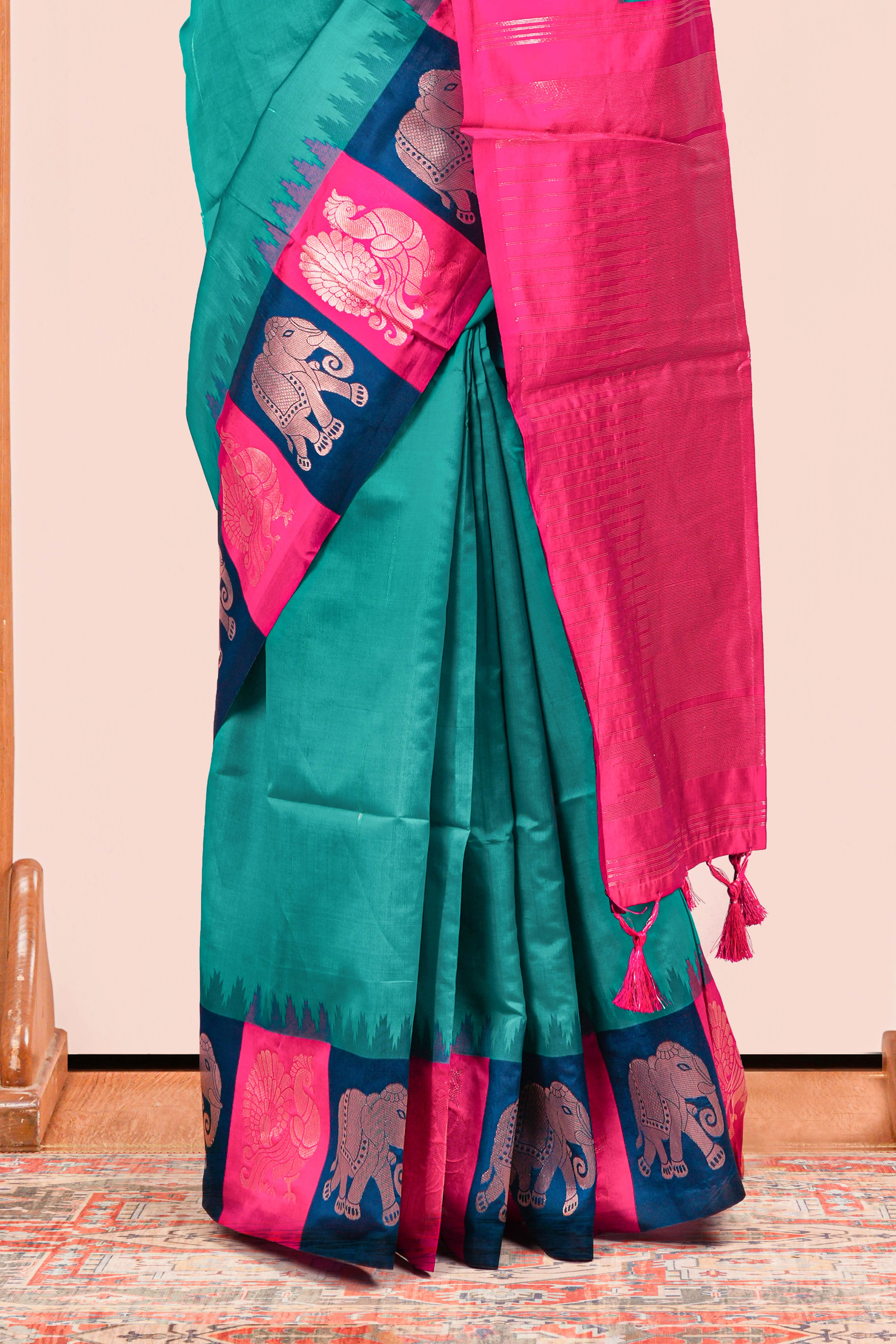 Peacock Blue Semi Art Silk Saree All Over Zari Butta With Contrast Zari Pallu - Image 4