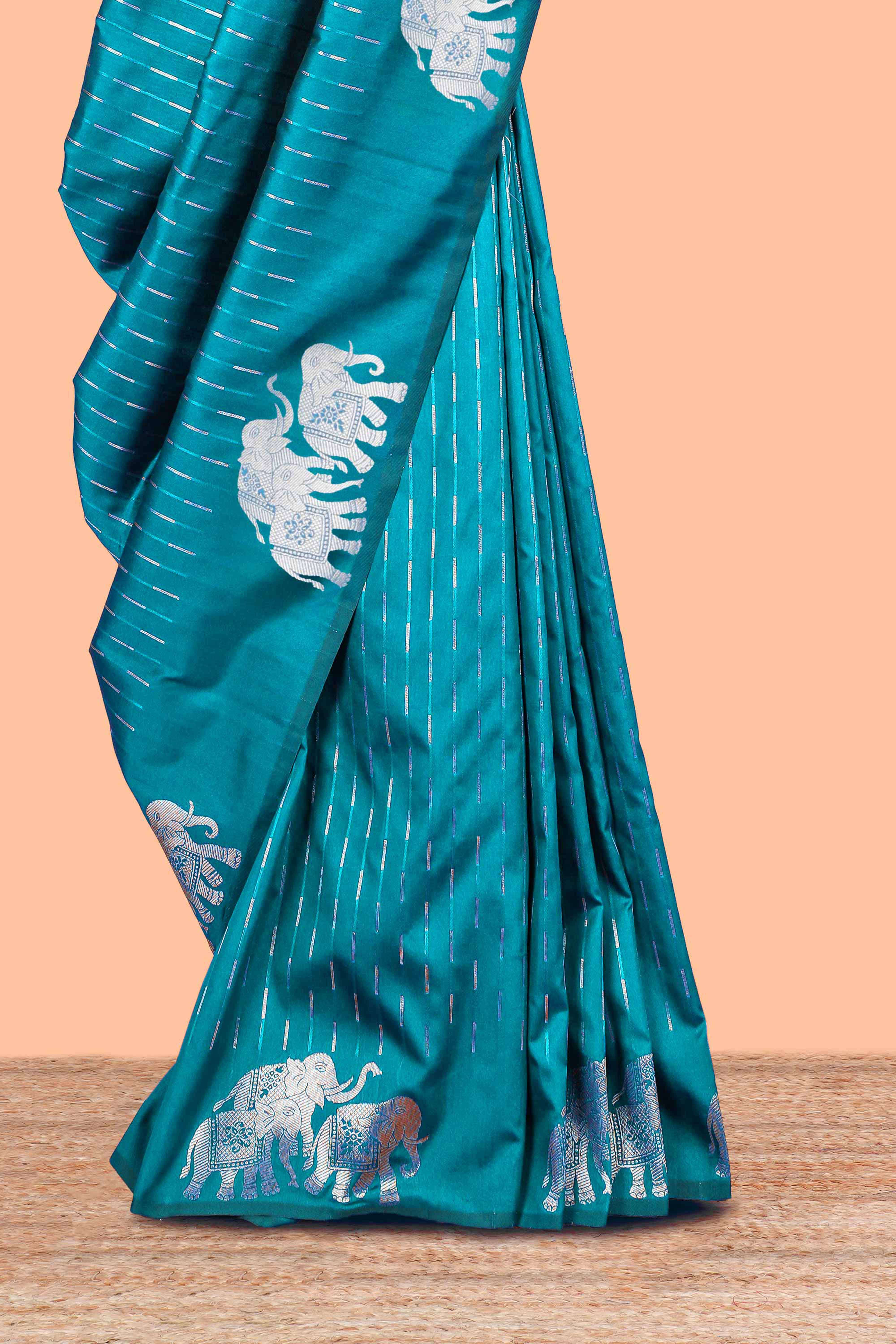 Peacock Green Semi Soft Silk Saree Zari Butta All Over And Floral Design Pallu - Image 3