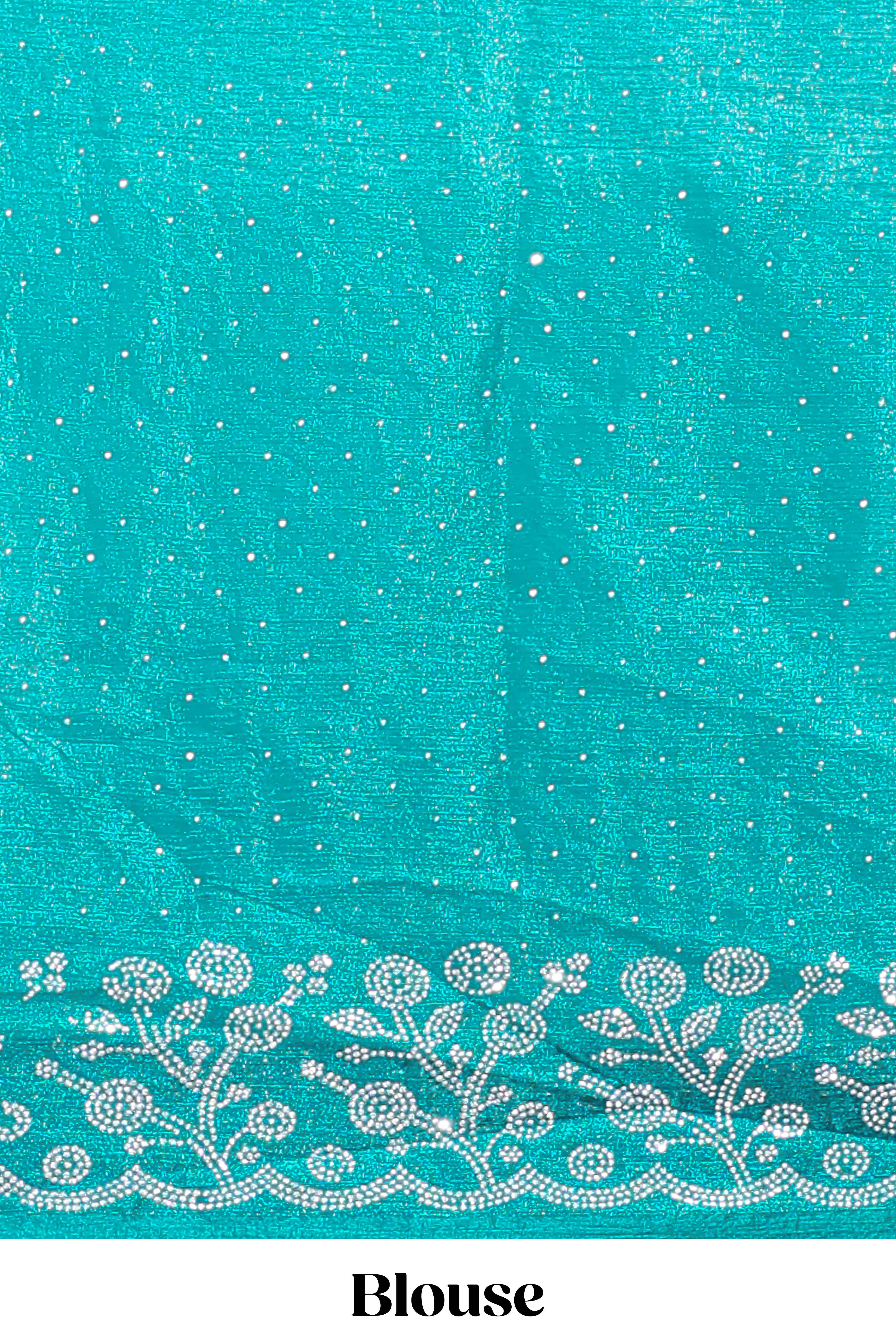Peacock green stone work designer saree with self floral design scalloop border and matching blouse - Image 5
