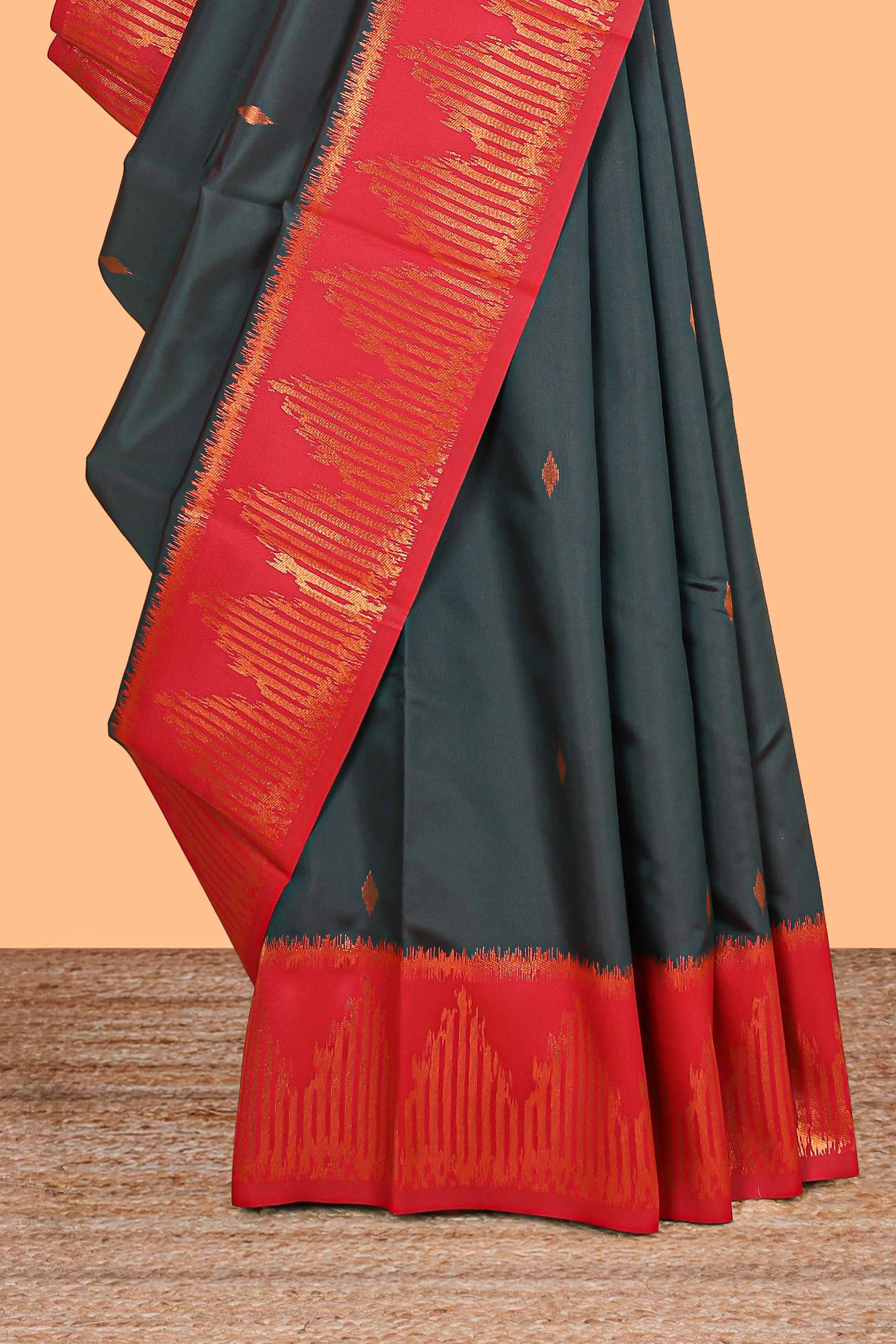 Pine green zari butta litchi silk saree with contrast zari border and blouse - Image 3