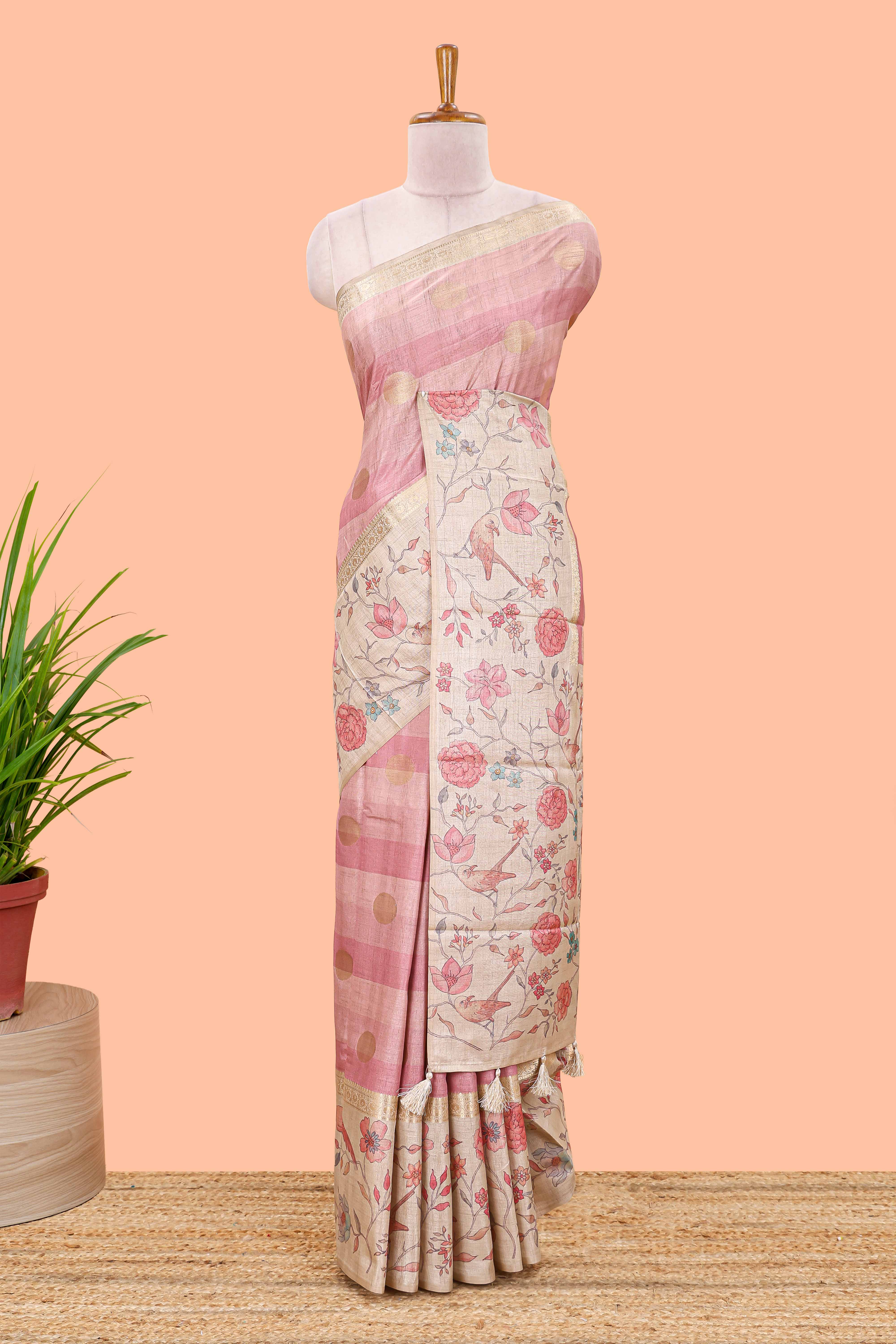 Pink art tussar saree featuring round zari butta body with floral and bird motif printed border and pallu - Image 2