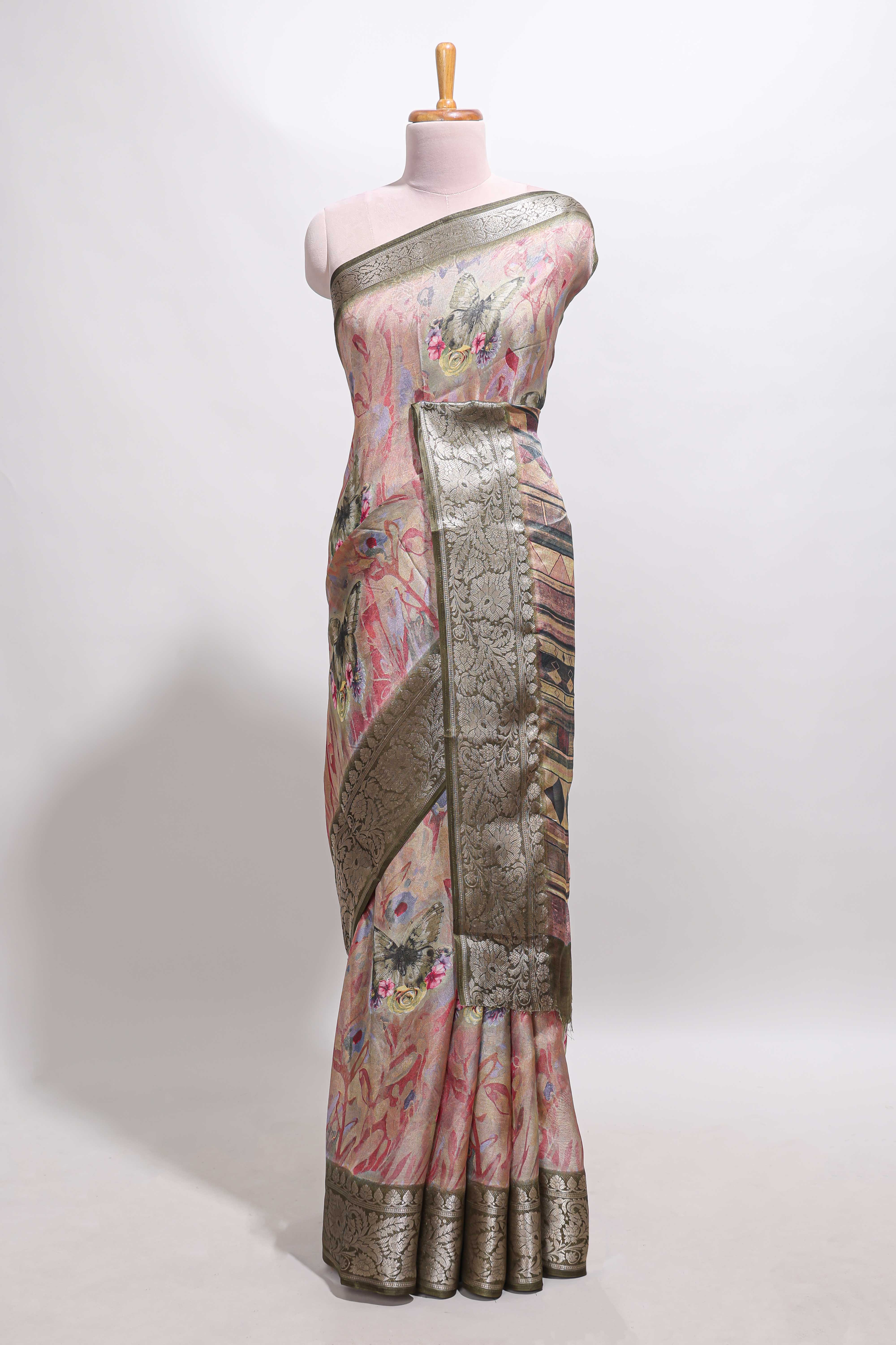 Pink butterfly & floral design marsh mellow saree with contrast zari border and contrast blouse - Image 2