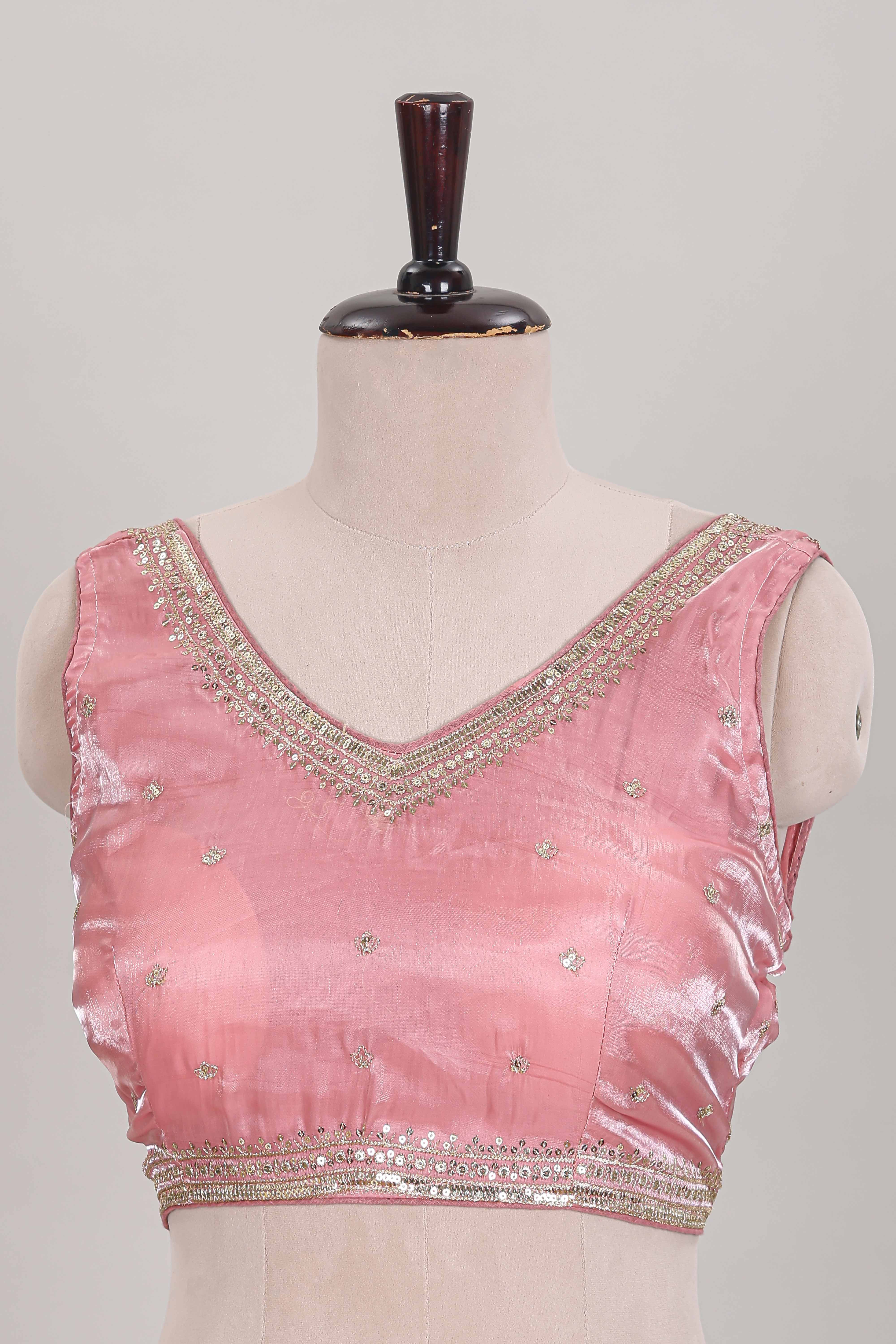 Pink chamki work embroidered readymade designer blouse, sleeveless V-neck with back tassels - Image 2