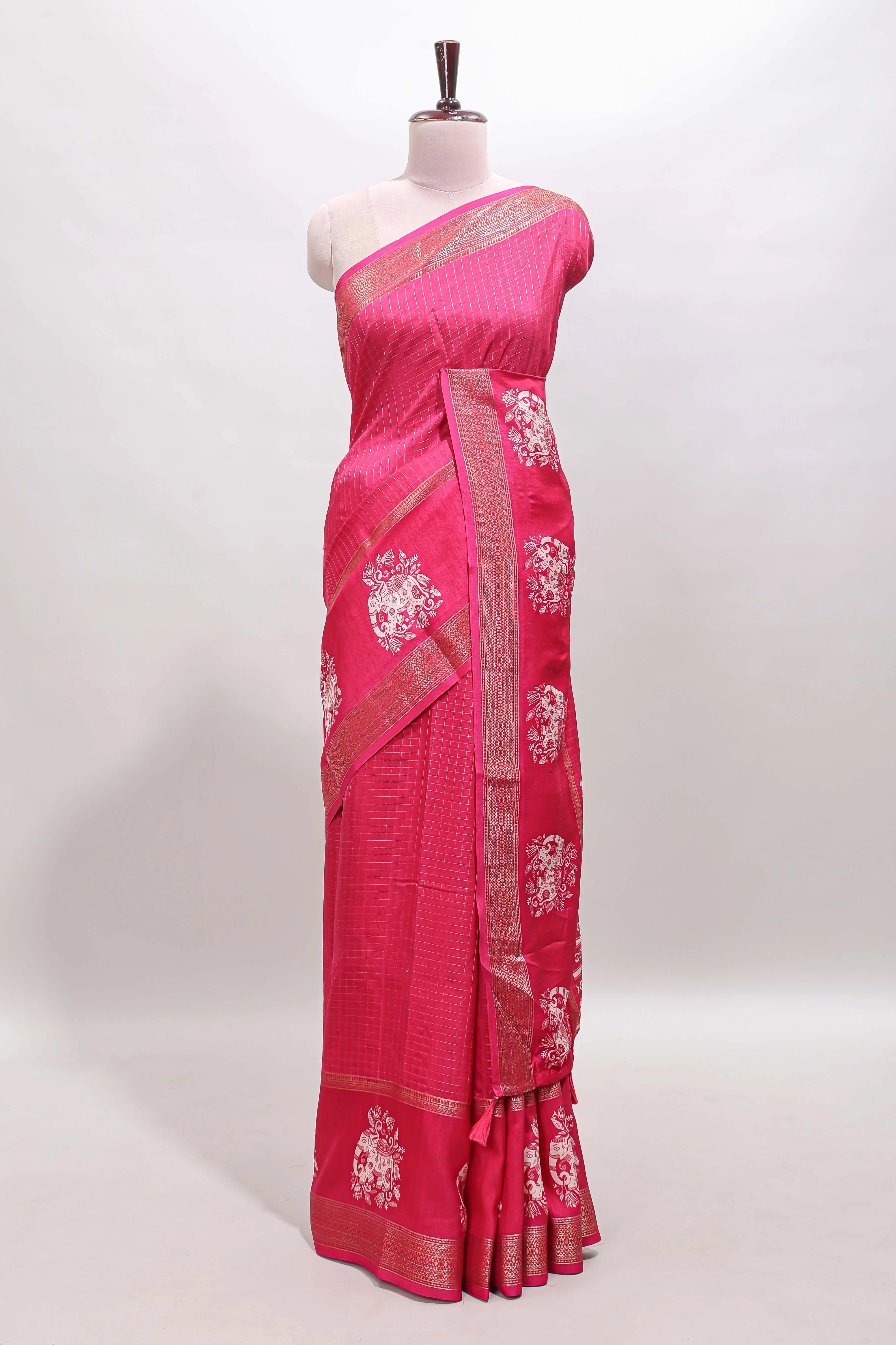 Pink checked elephant motifs dola silk saree with self zari border and striped pallu - Image 2