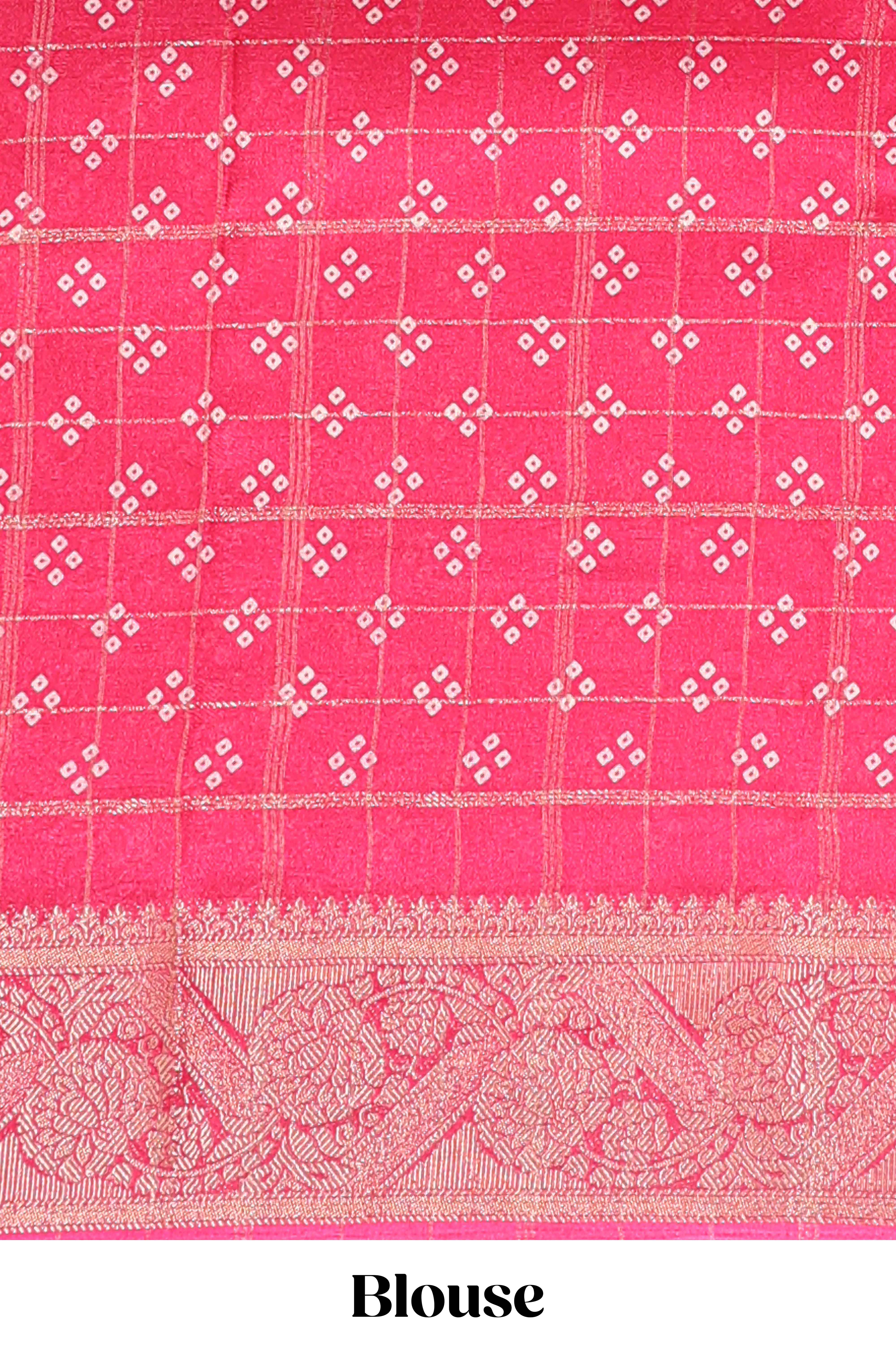 Pink checked floral design dola saree with self zari border and matching blouse - Image 5
