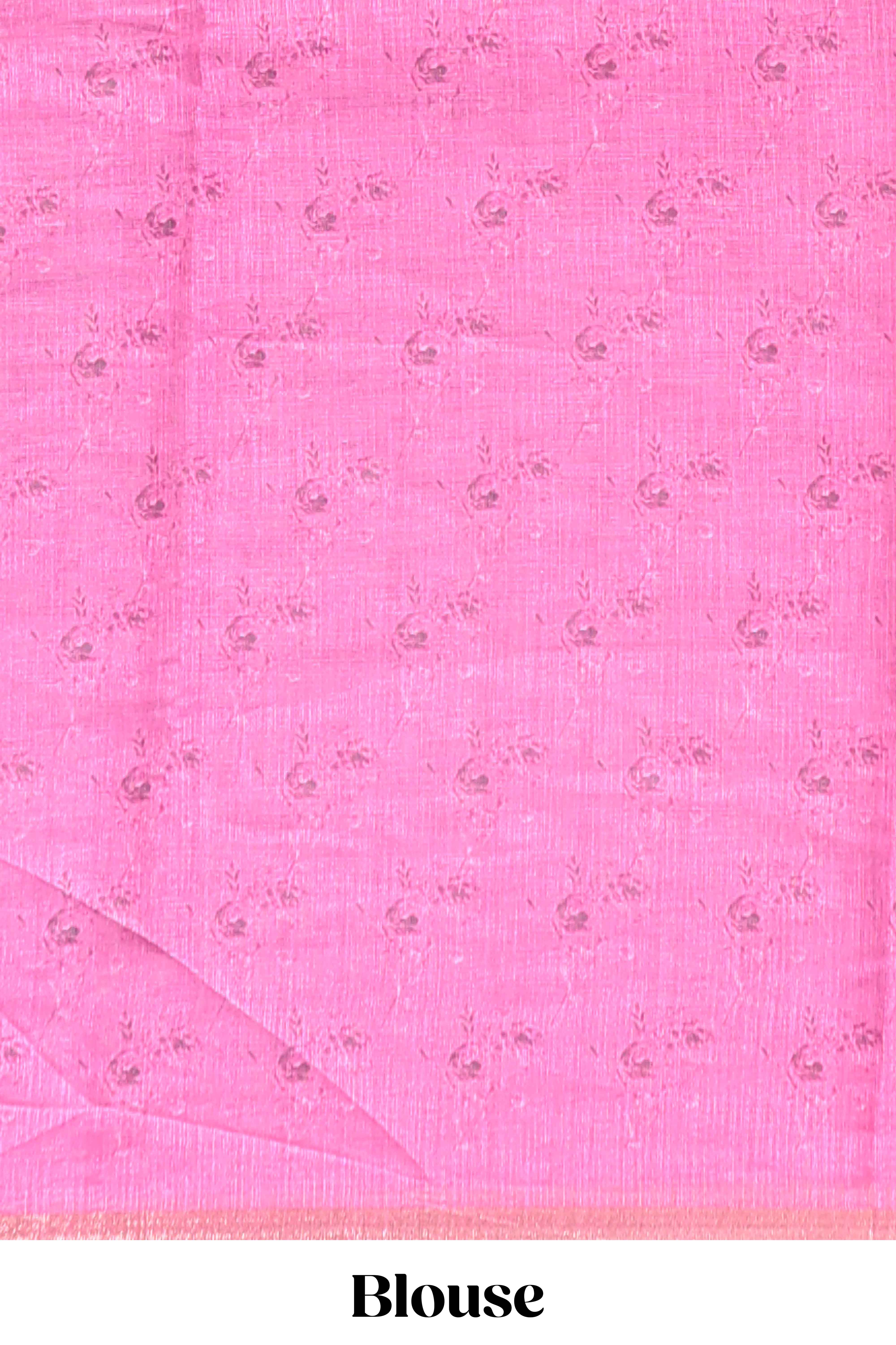 Pink checked floral motifs linen cotton saree with self zari border matching blouse - Image 5