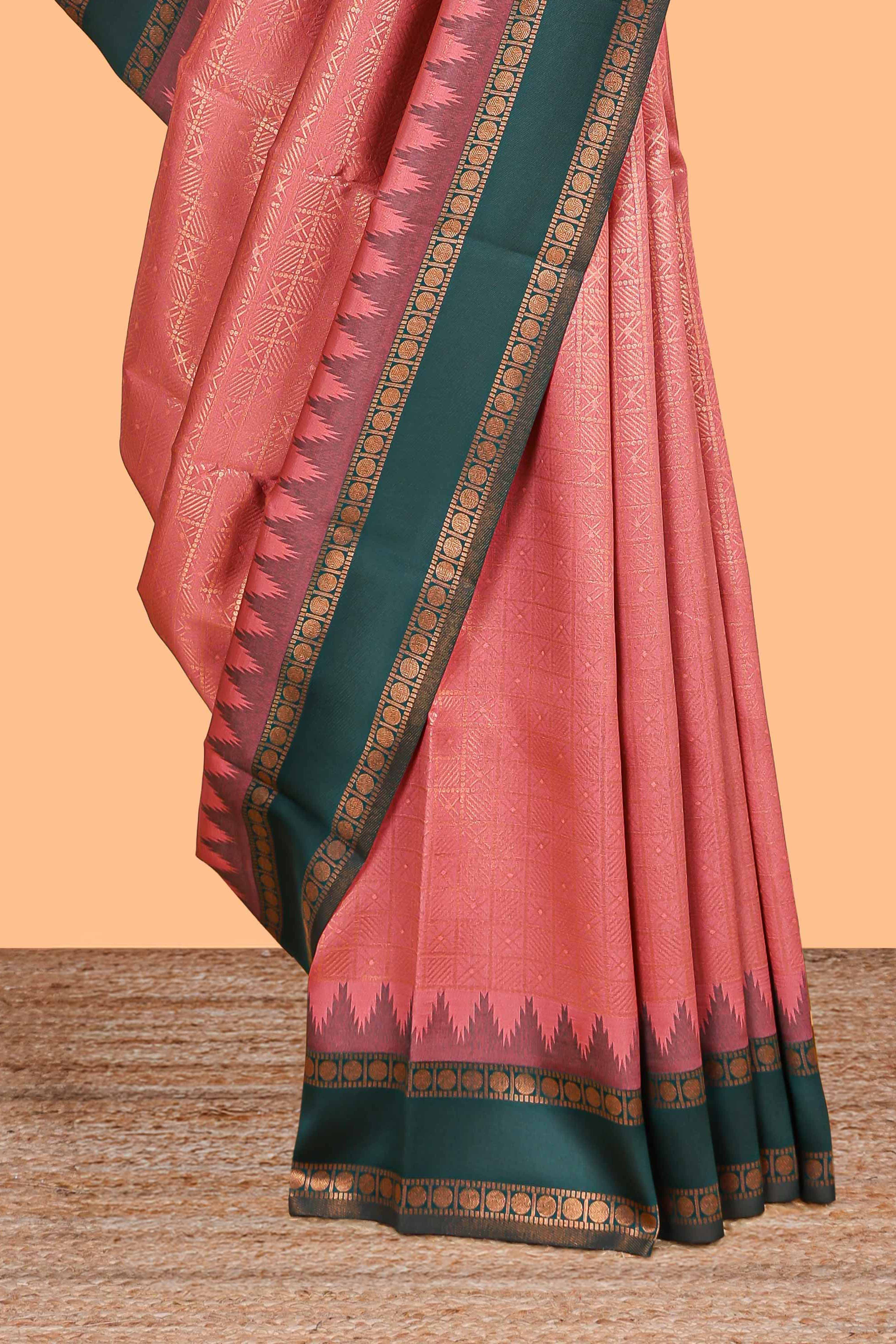 Pink checked geometric design litchi silk saree with contrast ikkat style bentex zari border and blouse - Image 3