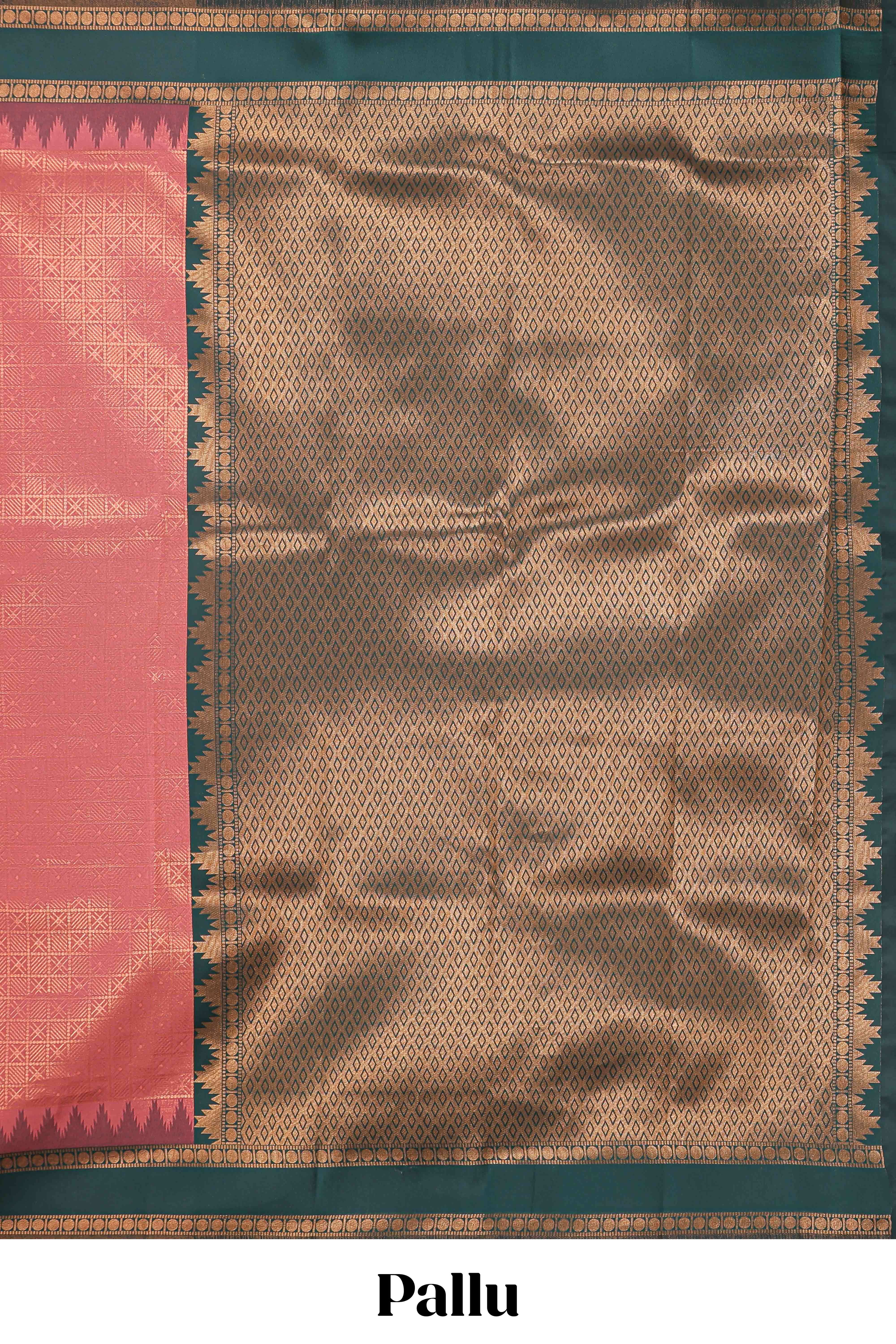 Pink checked geometric design litchi silk saree with contrast ikkat style bentex zari border and blouse - Image 4