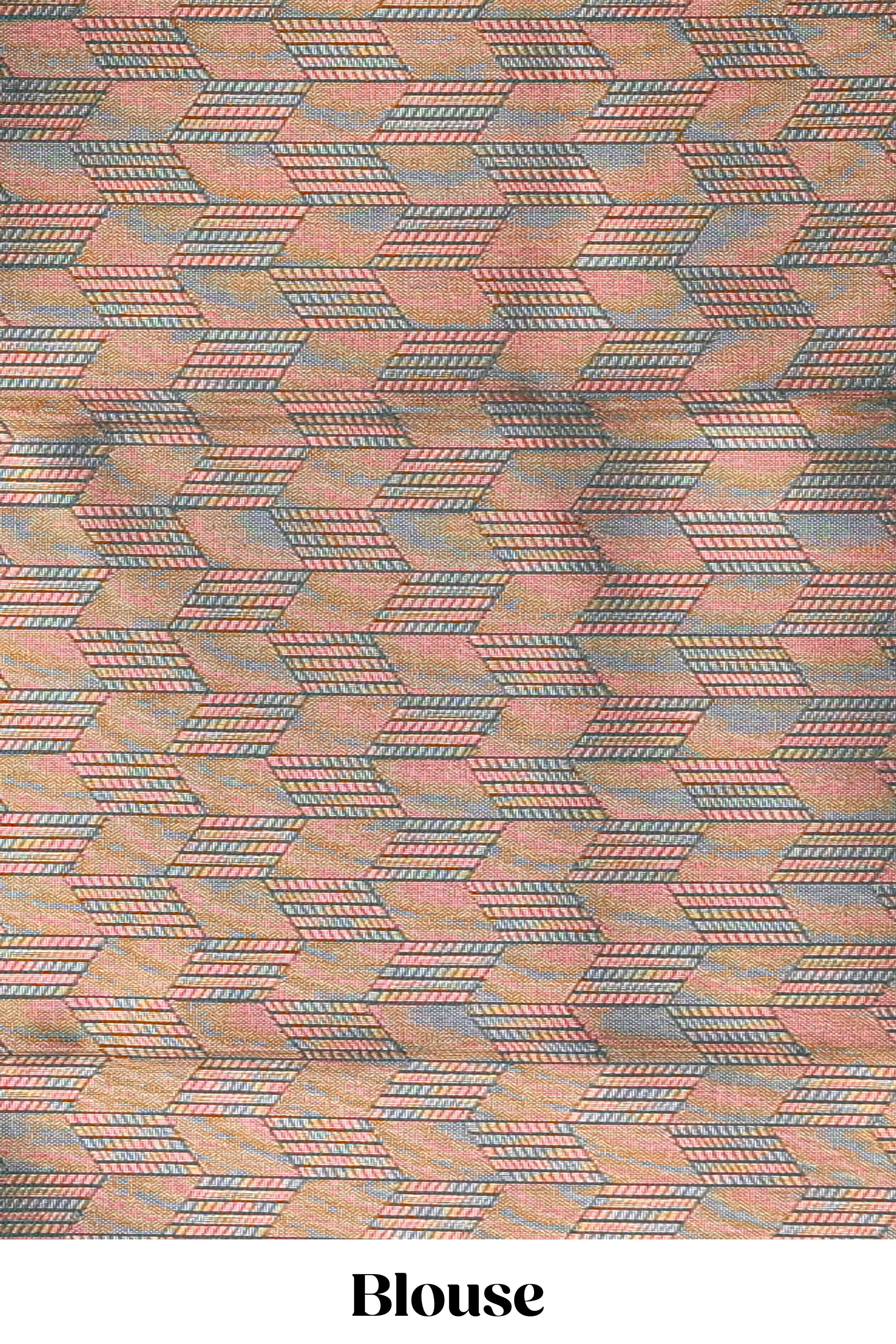 Pink checked geometric design litchi silk saree with contrast ikkat style bentex zari border and blouse - Image 5