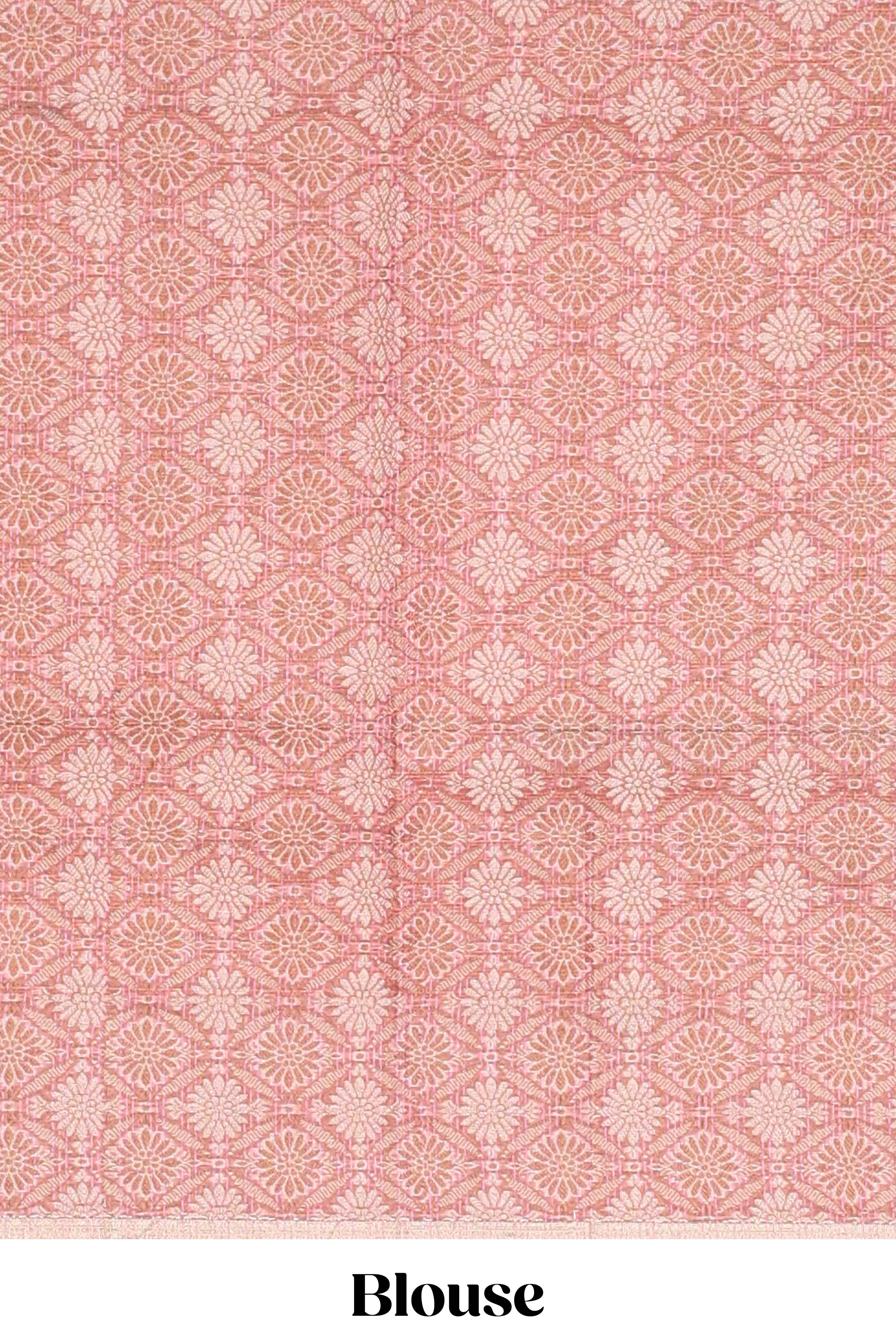 Pink checked kota cotton saree with contrast border and floral design blouse - Image 3