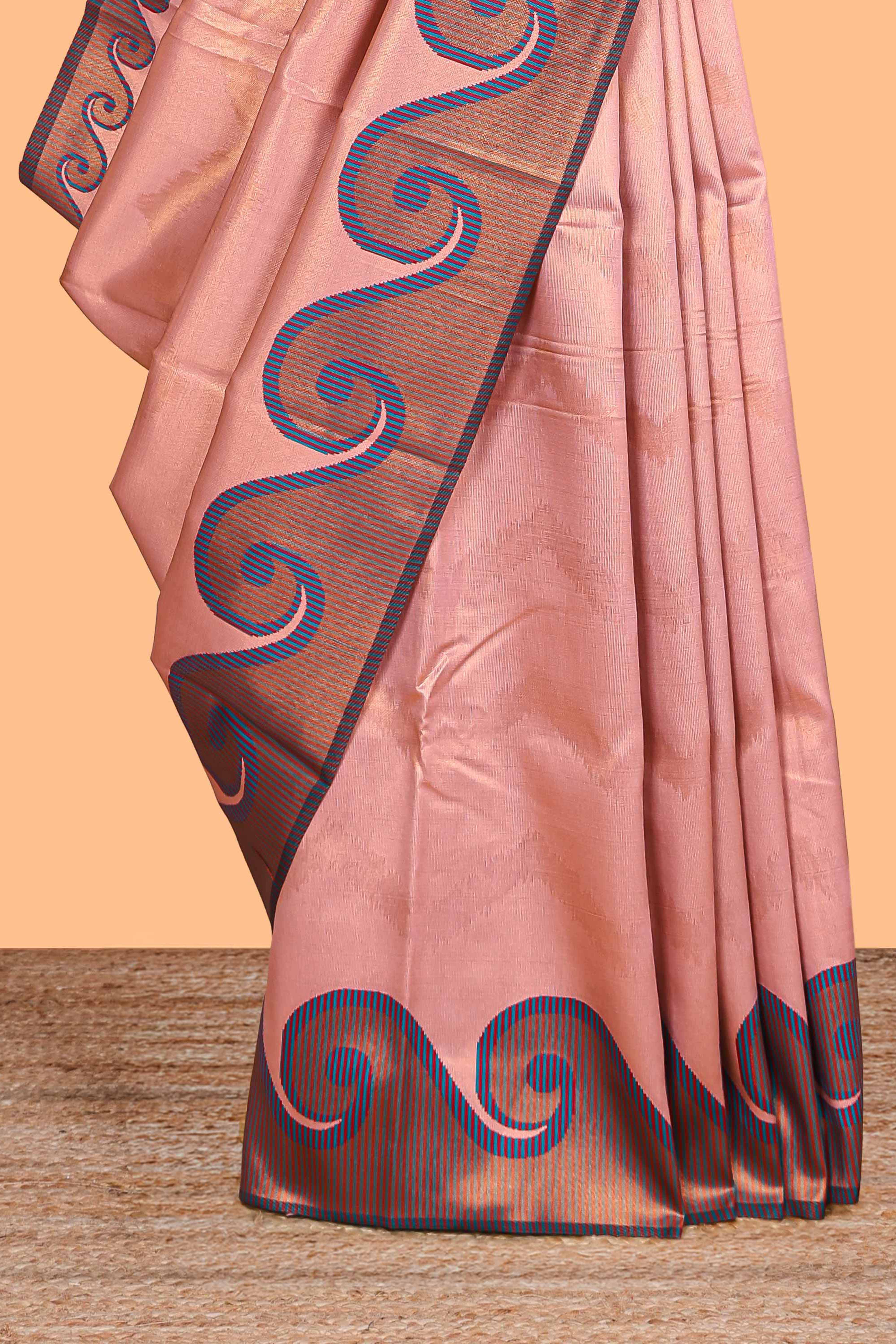 Pink chevron zari design litchi silk saree with contrast swirl shape zari border and blouse - Image 3