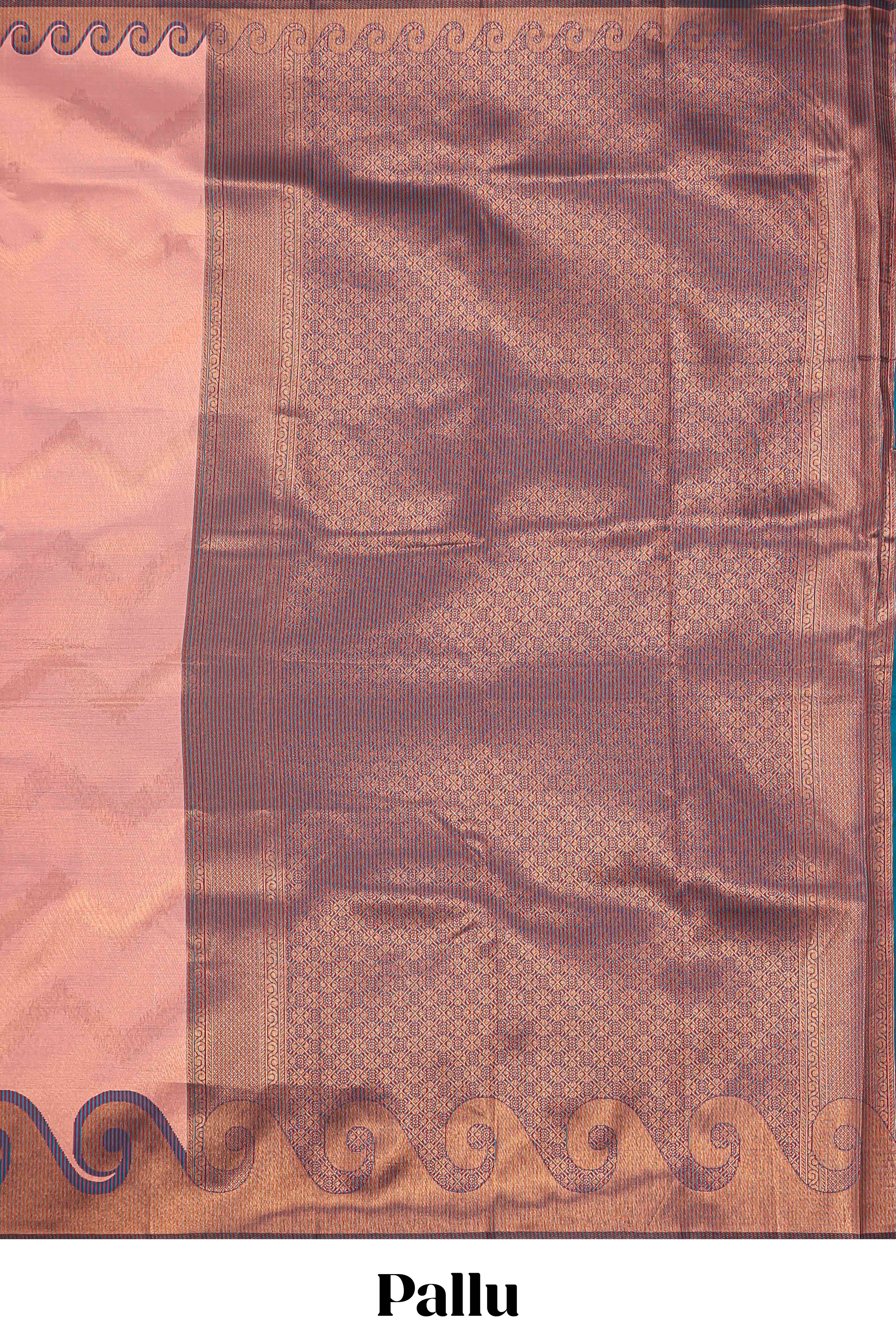 Pink chevron zari design litchi silk saree with contrast swirl shape zari border and blouse - Image 4