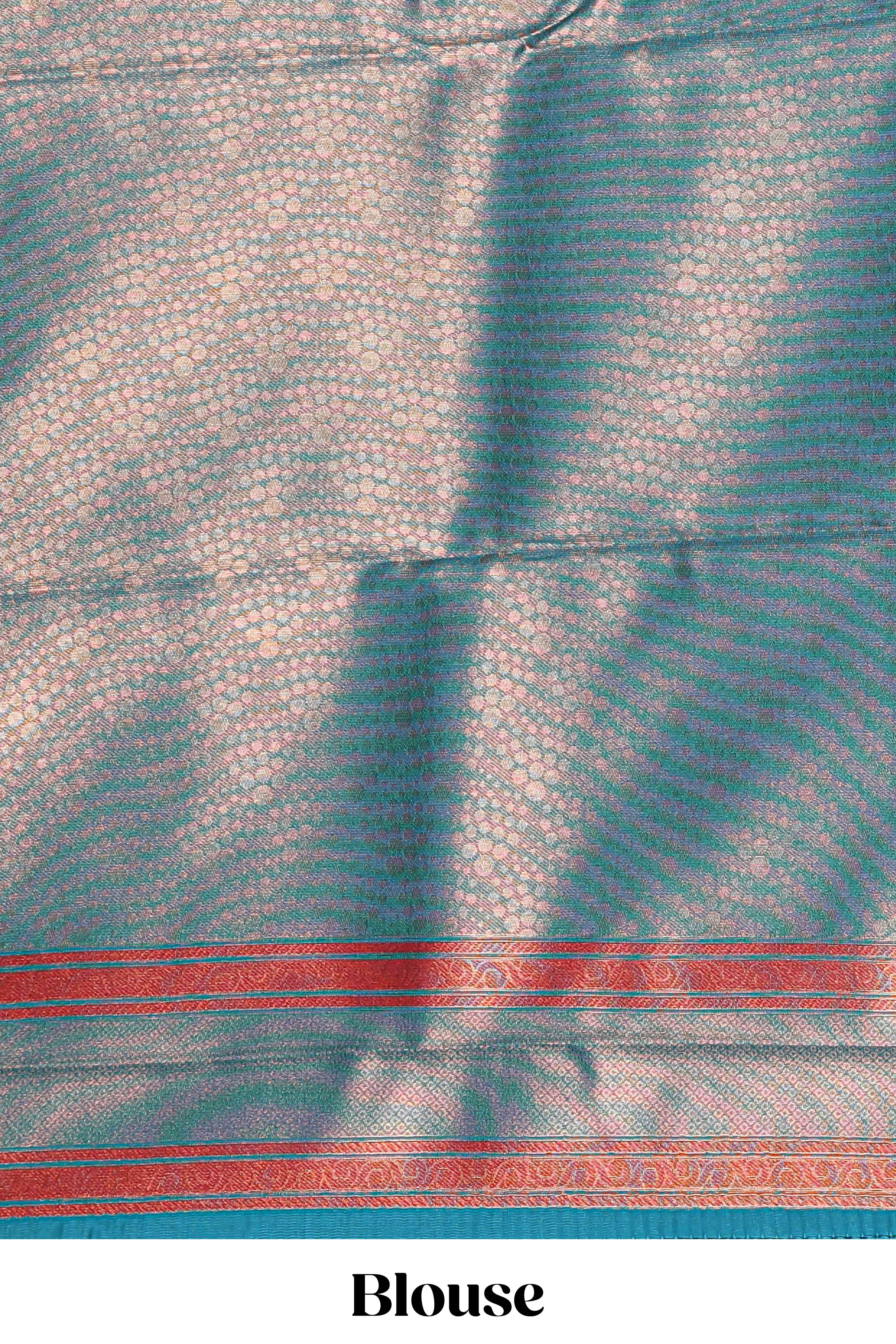 Pink chevron zari design litchi silk saree with contrast swirl shape zari border and blouse - Image 5