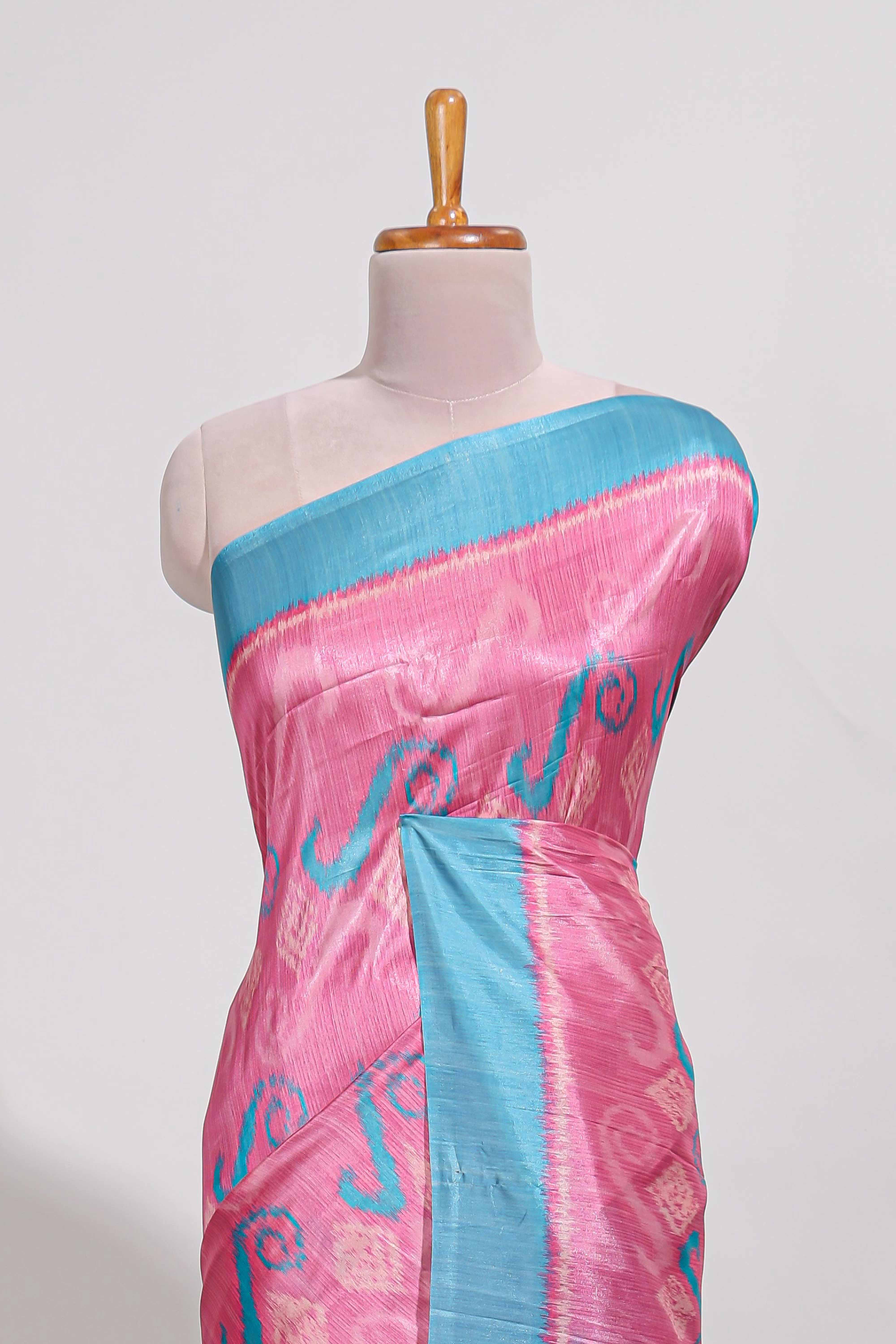 Pink colour and ikkat printed design semi tussar saree with contrast border and contrast blouse - Image 3