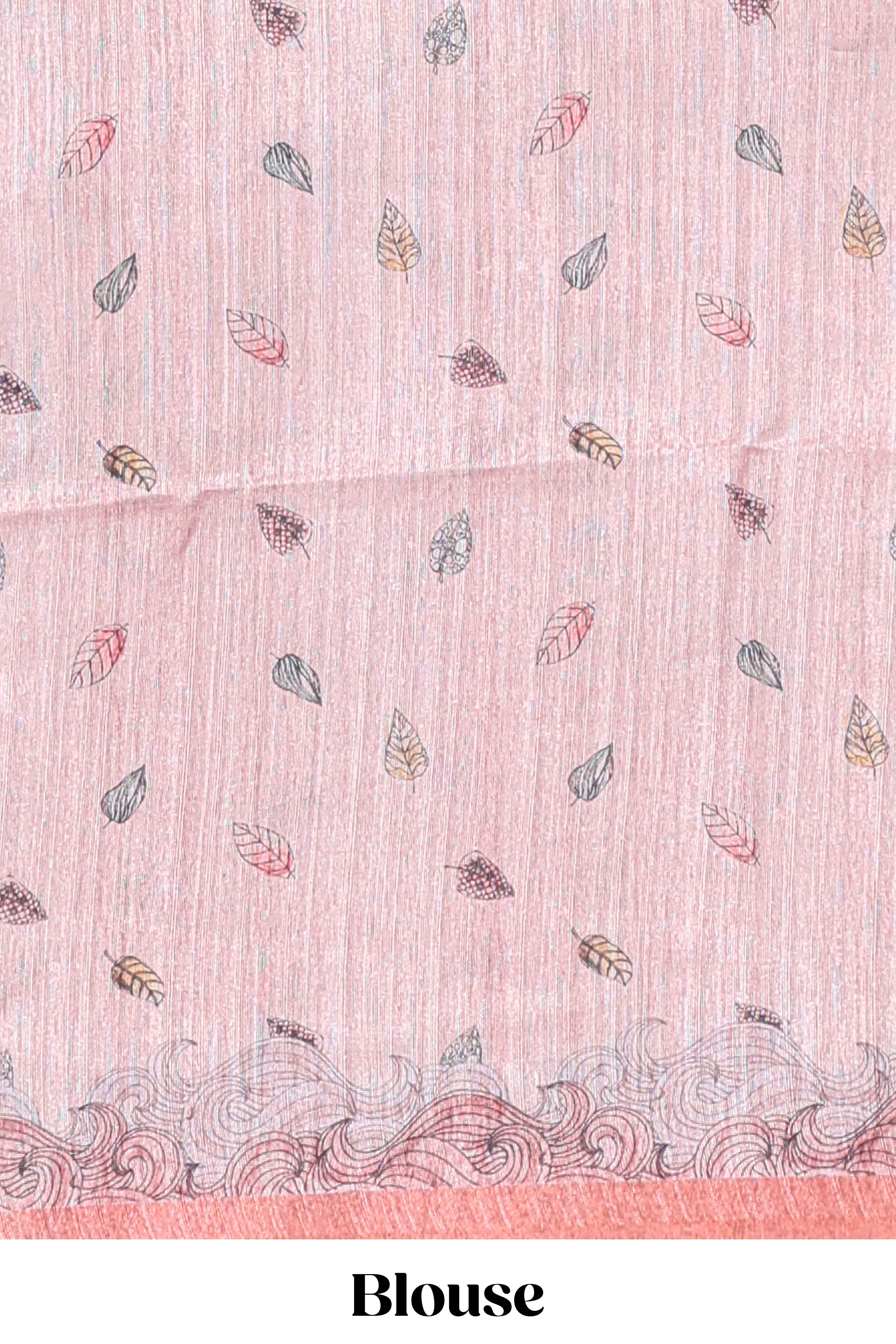 pink colour printed semi tussar saree with pipping border and leaf printed matching blouse - Image 5