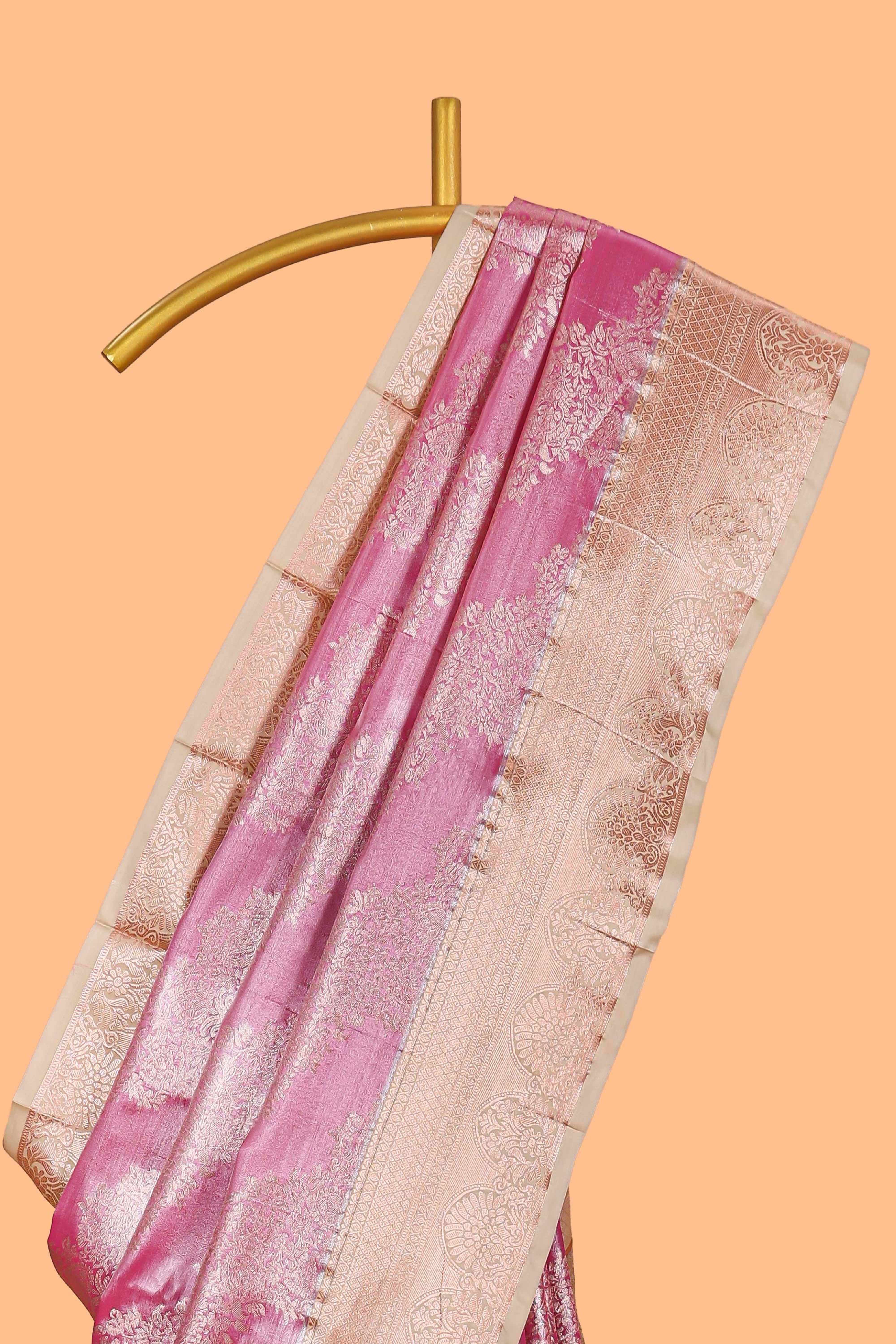 Pink Colour Tissue Silk Saree with Rich Gold Zari Weaving and  Contrast Border and Contrast Blouse - Image 2